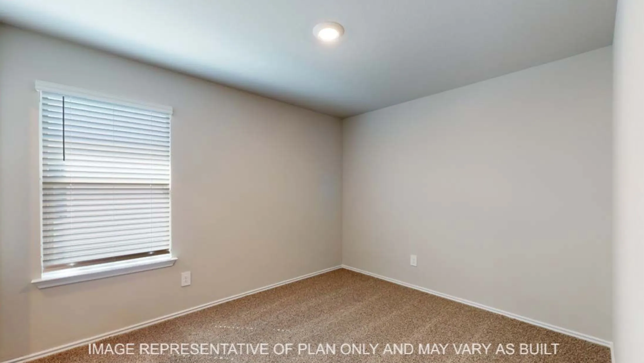 Recessed ceiling lighting, neutral tone carpeting, window with blinds, and light-colored walls