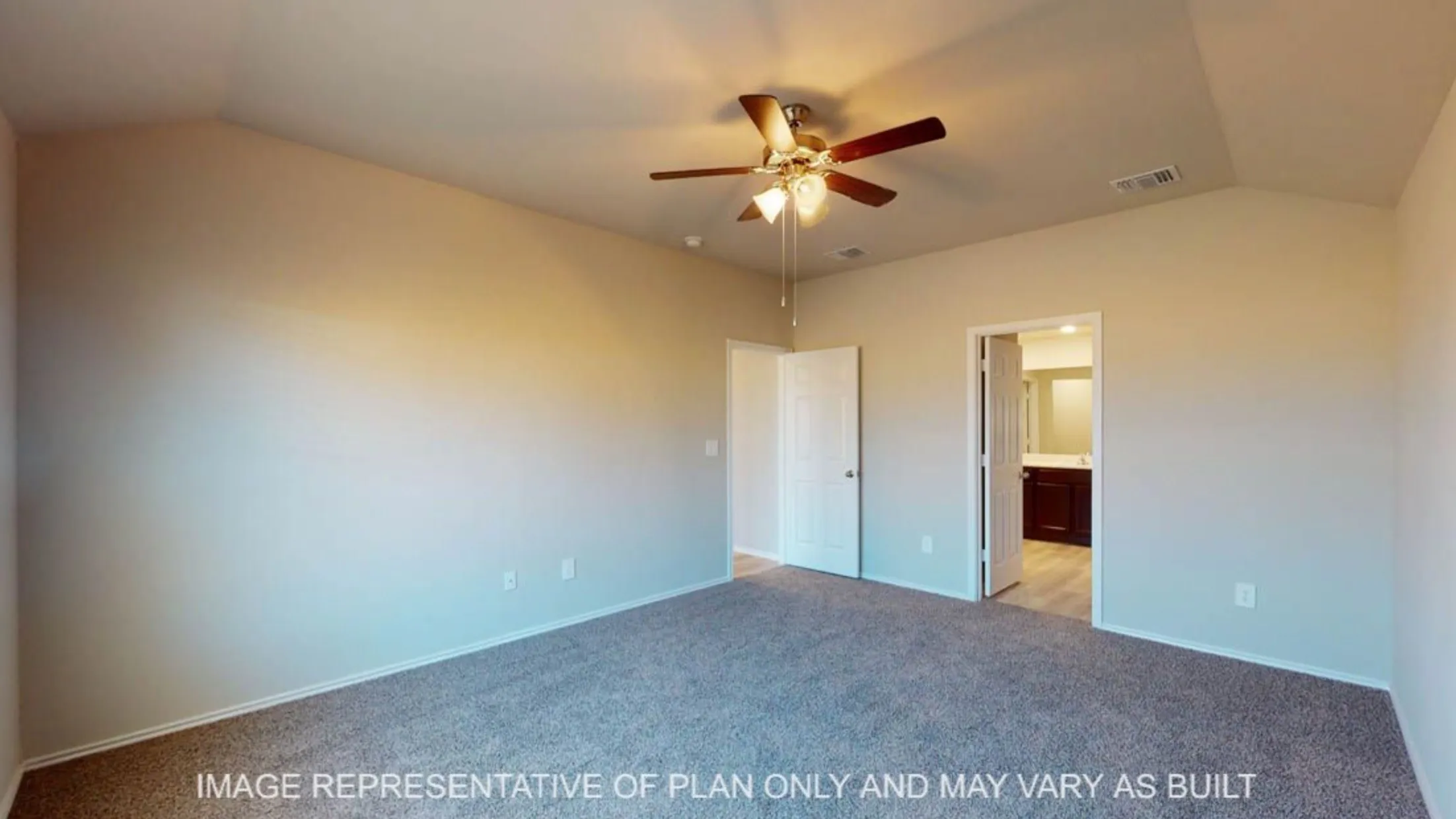 Vaulted ceiling, ceiling fan with light fixture, carpeted flooring, and a doorway to a separate room with wood-finish flooring and a dark wood-finish vanity