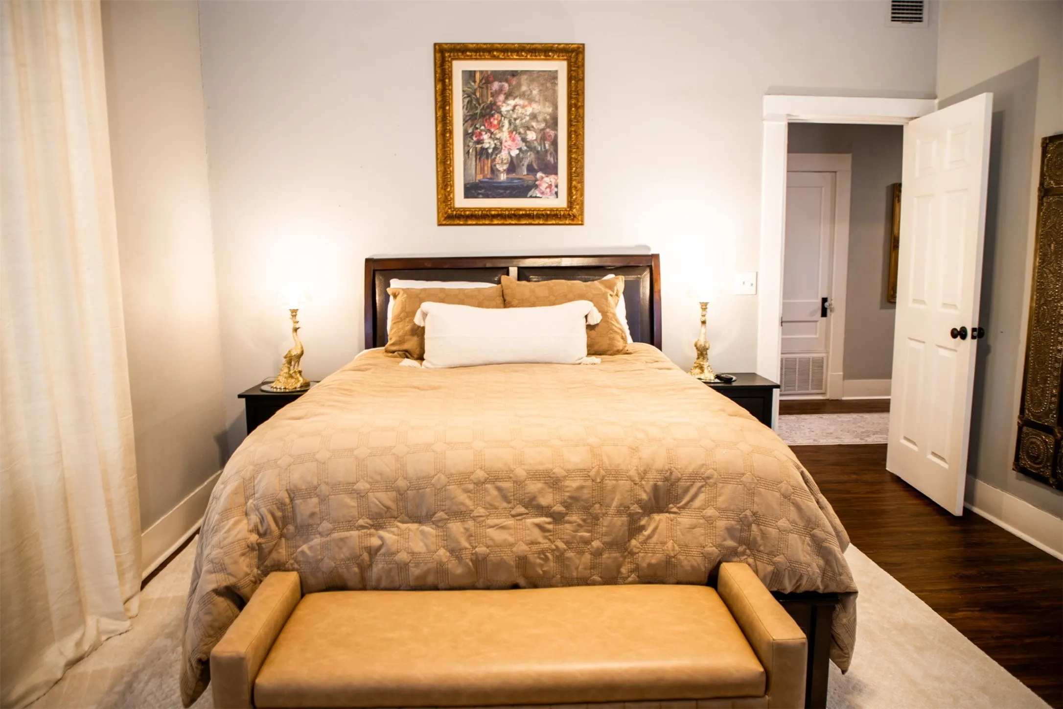 Wood-finish flooring with an area rug