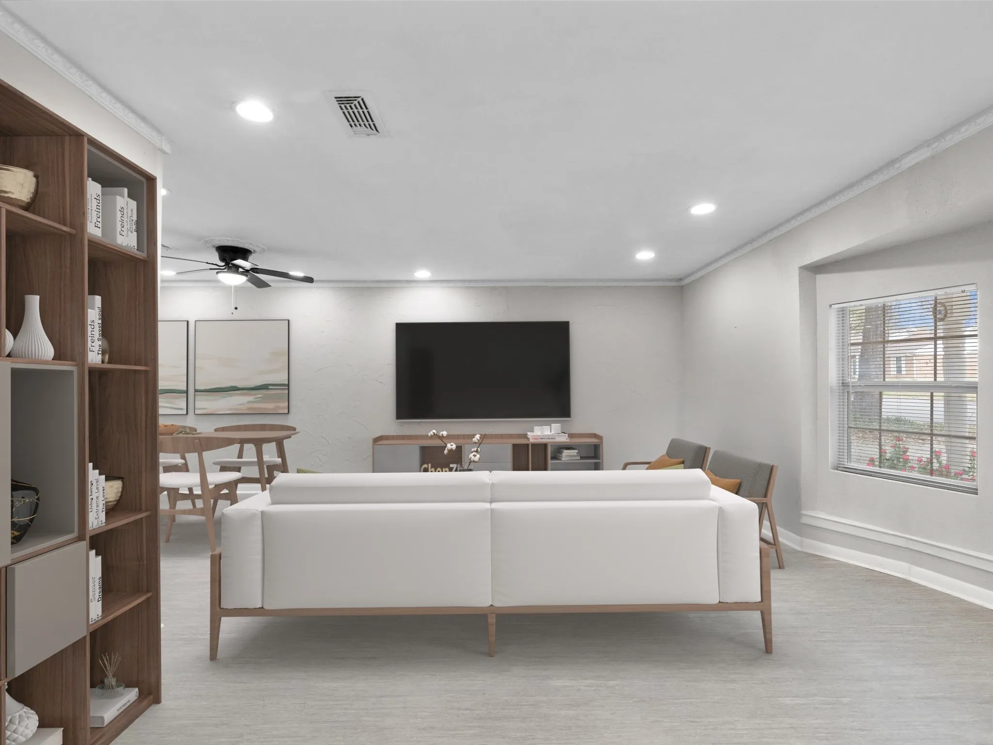 Recessed lighting, crown molding, wood-finish built-in shelving, ceiling fan, and a window with blinds