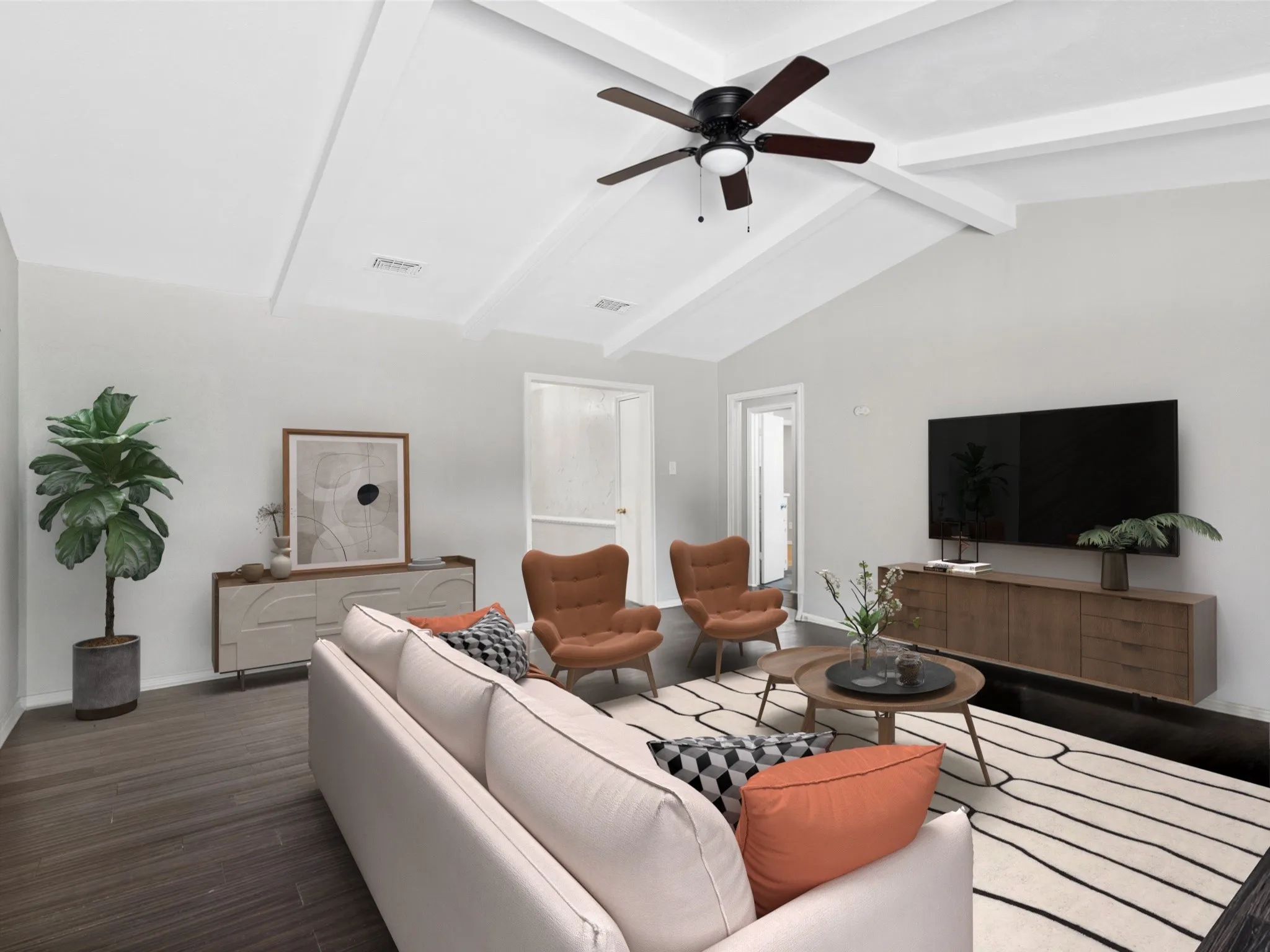 Vaulted ceiling with exposed beams, wood-finish flooring, and recessed lighting