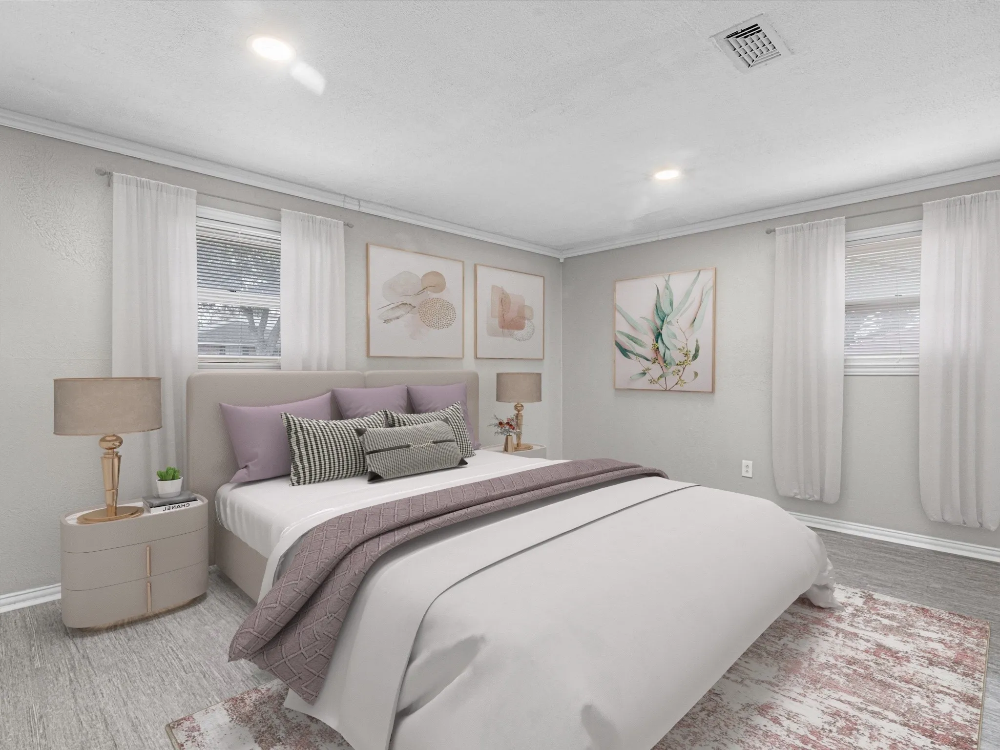 Recessed ceiling lighting, crown molding, two windows with blinds, and wood-finish flooring