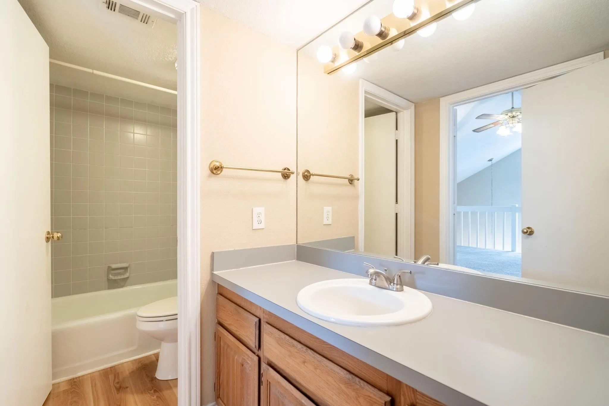 Bathroom vanity with a single basin sink, brushed nickel faucet, and wood-finish cabinetry
