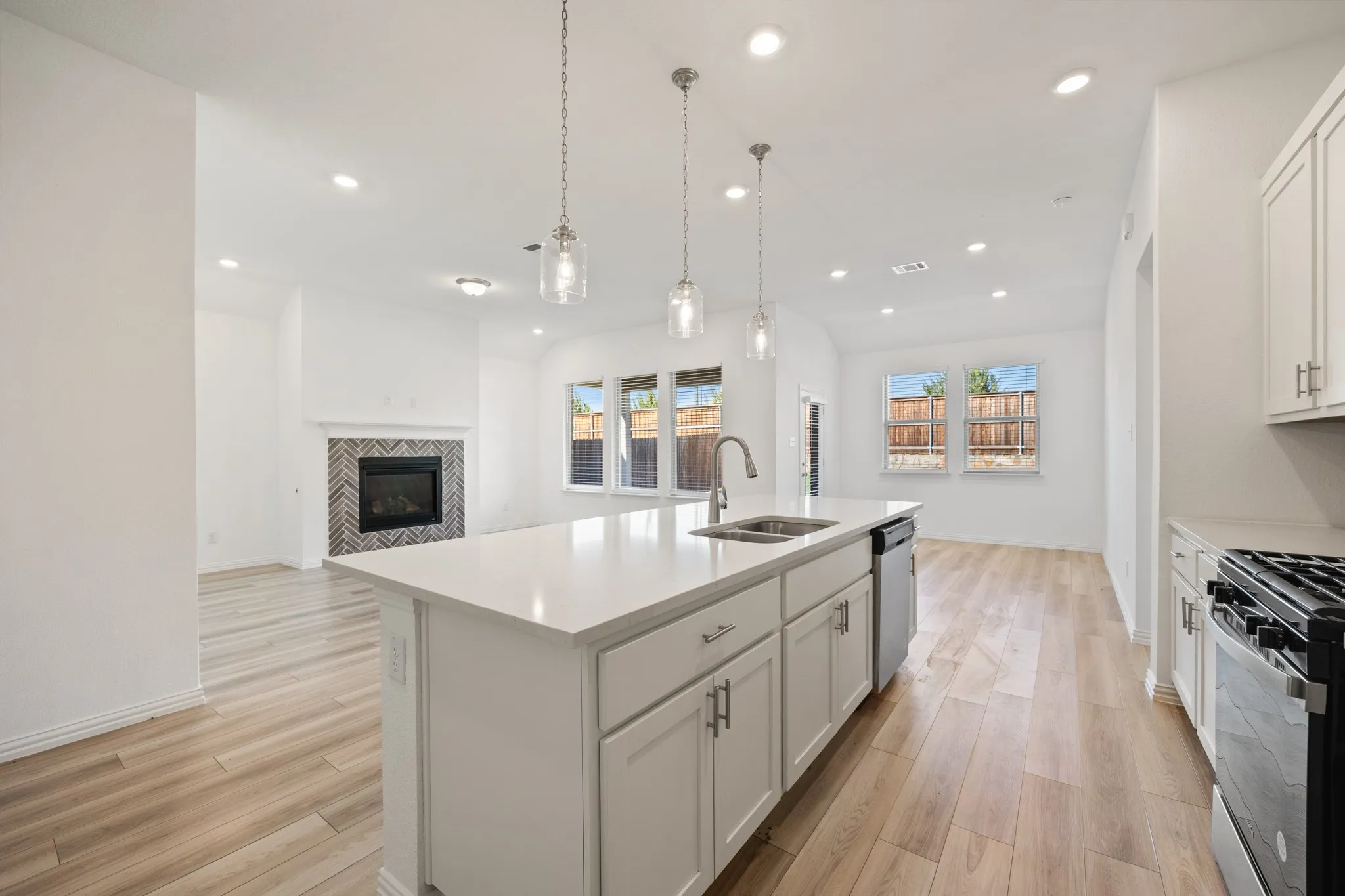 Kitchen island with a double basin sink, stainless steel dishwasher, and pendant lighting