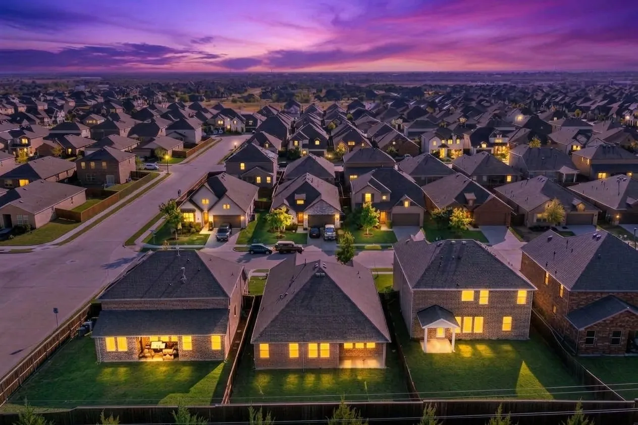 Residential neighborhood featuring multiple single-family homes with brick and siding exteriors, attached garages, and private fenced backyards