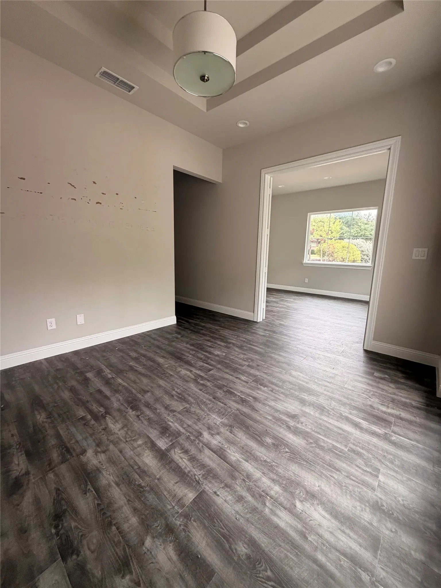 Recessed lighting, tray ceiling, wood-finish flooring, and a drum pendant light fixture
