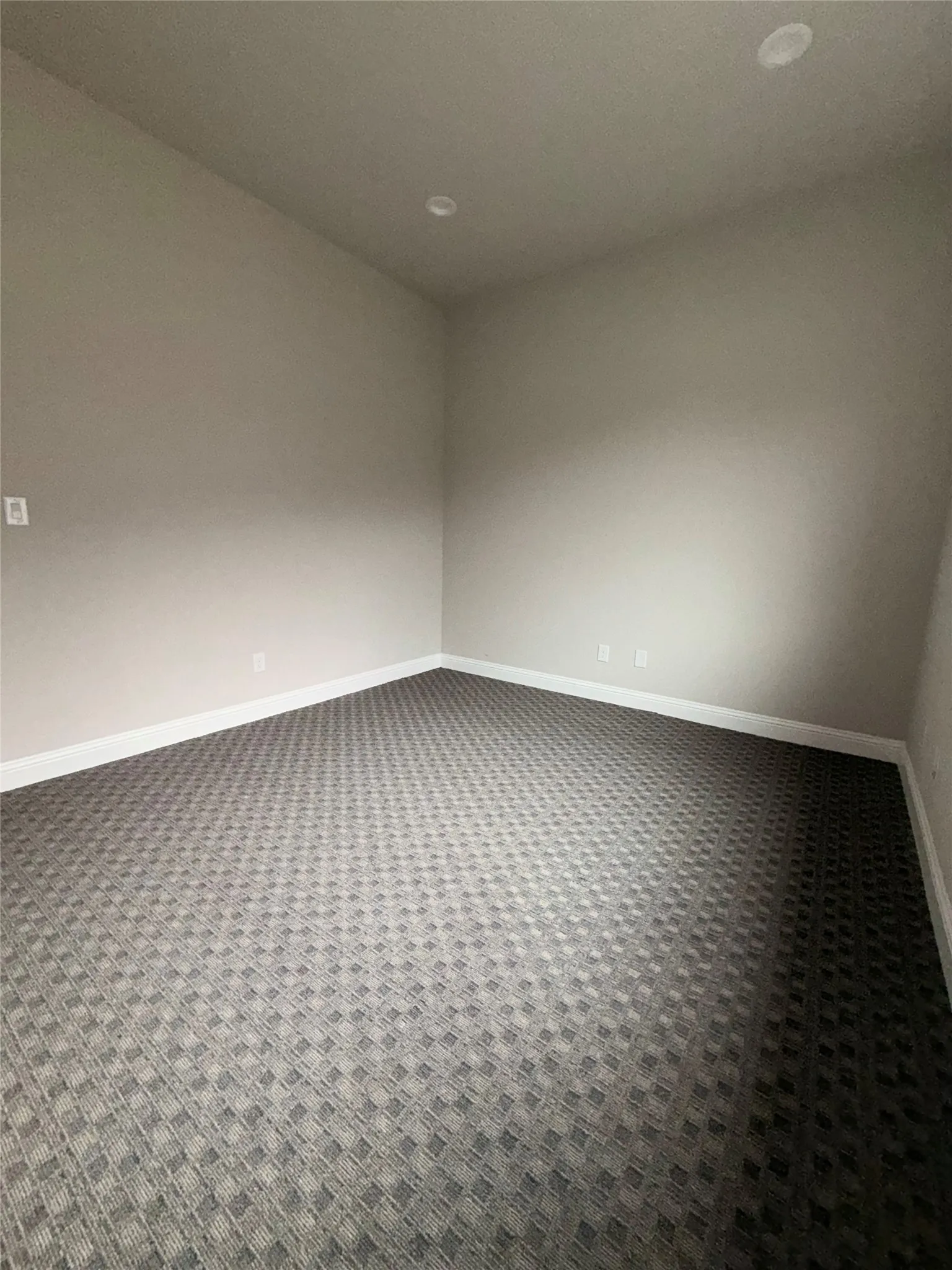 Recessed lighting, neutral wall tones, patterned carpeting, and white trim