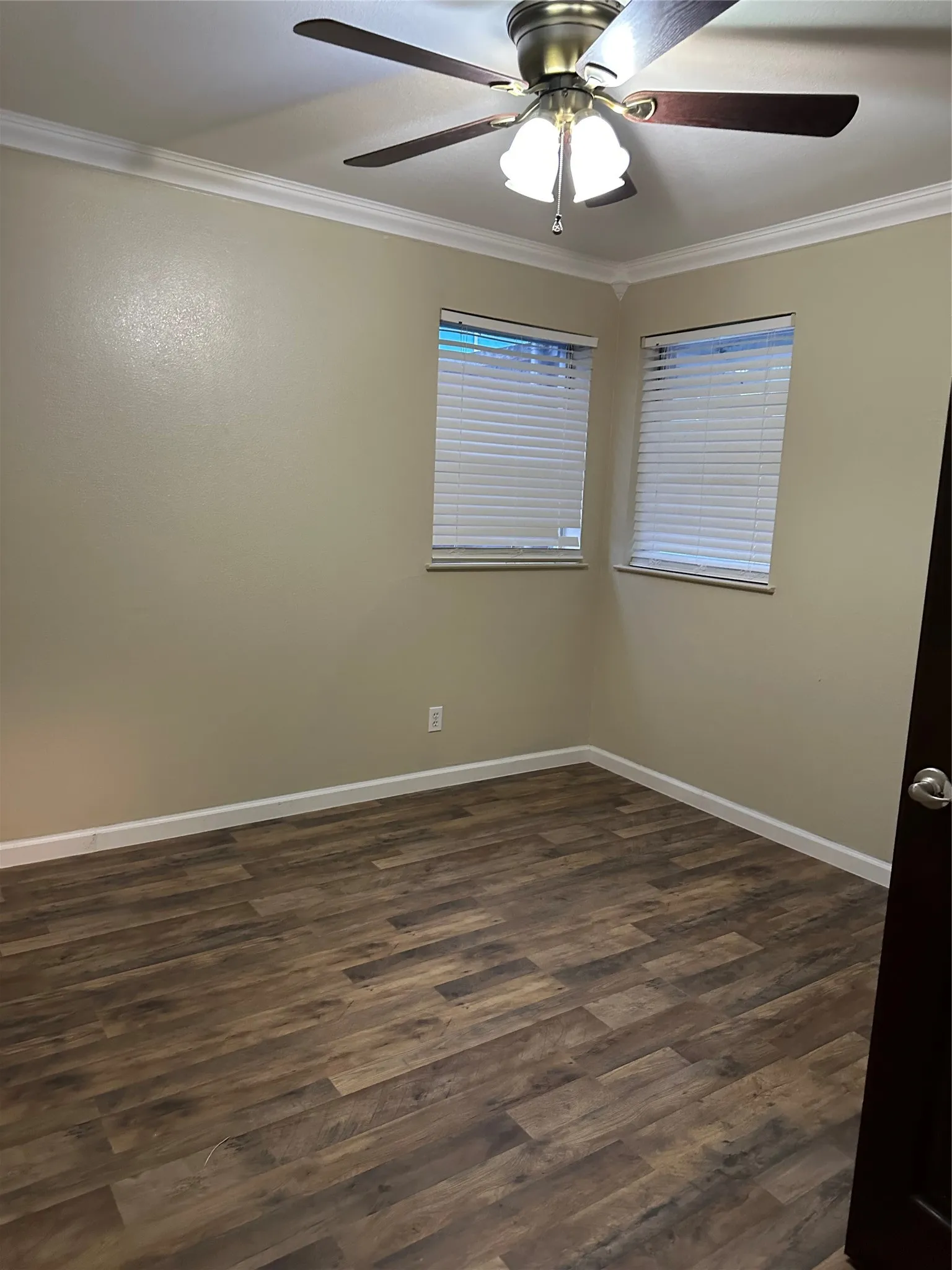 Wood-finish flooring, crown molding, and a ceiling fan with light fixture