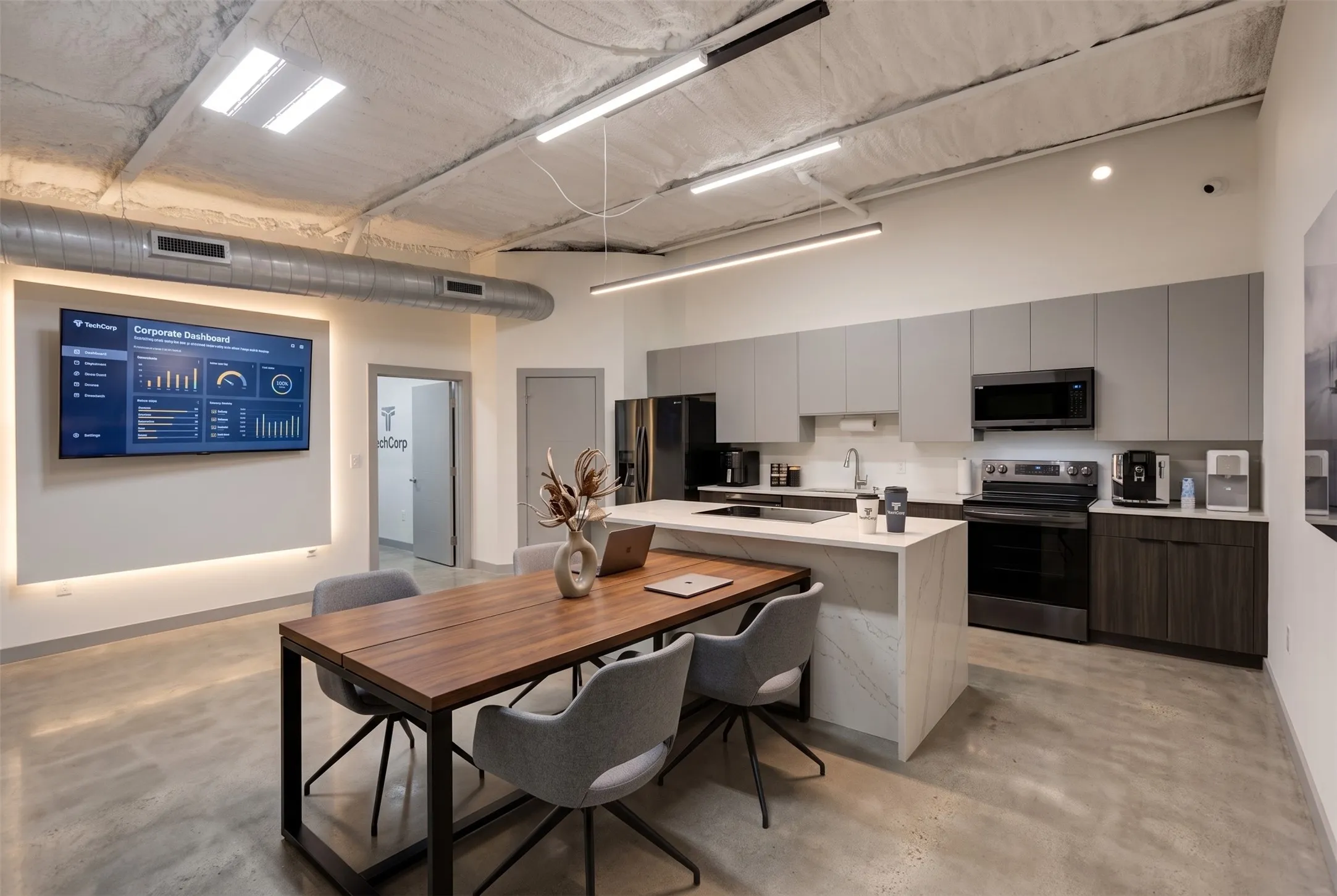 Polished concrete flooring, exposed ceiling with ductwork, expansive kitchen with light gray and dark wood-finish cabinetry, stainless steel appliances, and a large island - AI Generated