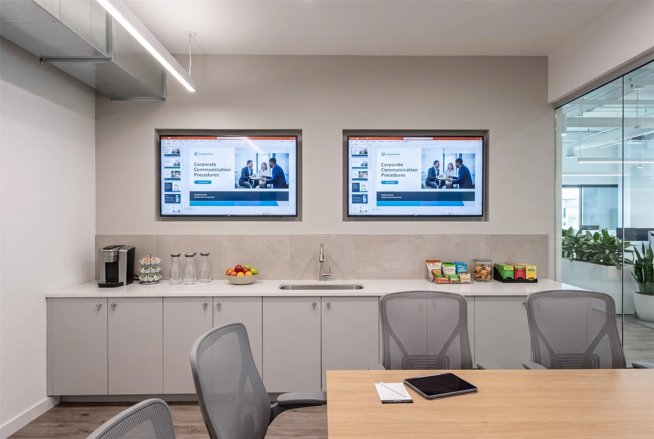 Built-in media screens, light wood-finish flooring, white countertop, integrated sink with modern faucet, and grey cabinetry