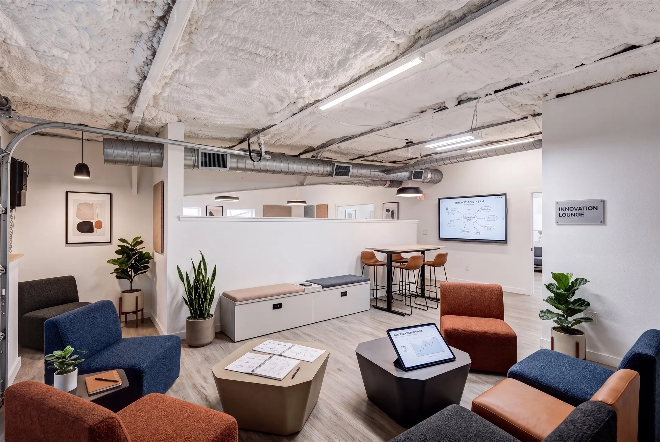 Exposed ceiling with ductwork, recessed lighting, wood-finish flooring, half-height wall partition, and integrated wall-mounted display - AI Generated