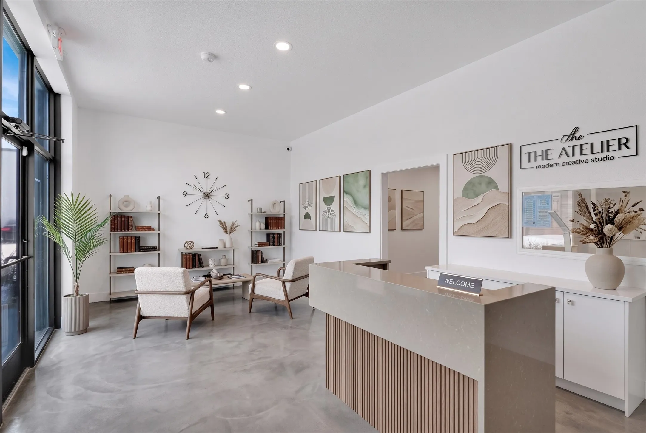 Expansive floor-to-ceiling windows, polished concrete flooring, recessed lighting, and a reception desk with a paneled base - AI Generated