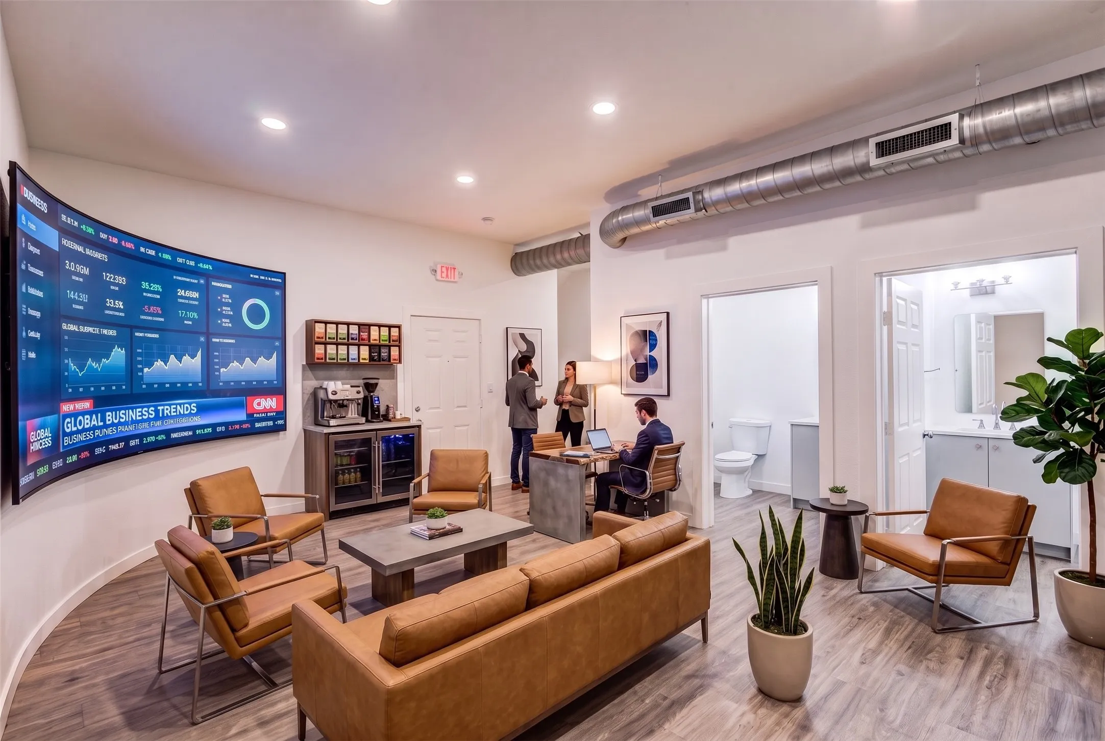 Wood-finish flooring throughout, exposed ductwork, recessed lighting, built-in beverage cooler, and a white vanity with a single sink and wall-mounted light fixture - AI Generated