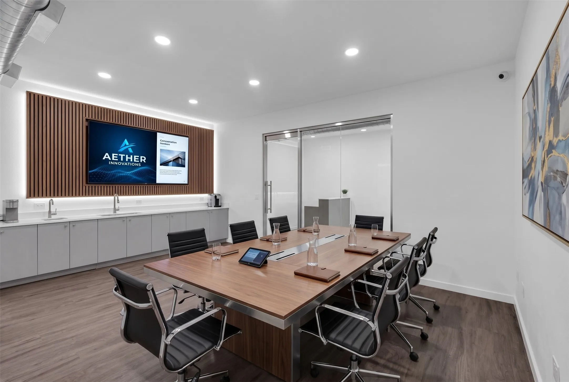 Conference room featuring wood-finish flooring, a wood-paneled accent wall with integrated backlighting, a built-in media display, a long built-in counter with dual sinks, and an adjacent glass-paneled wall - AI Generated