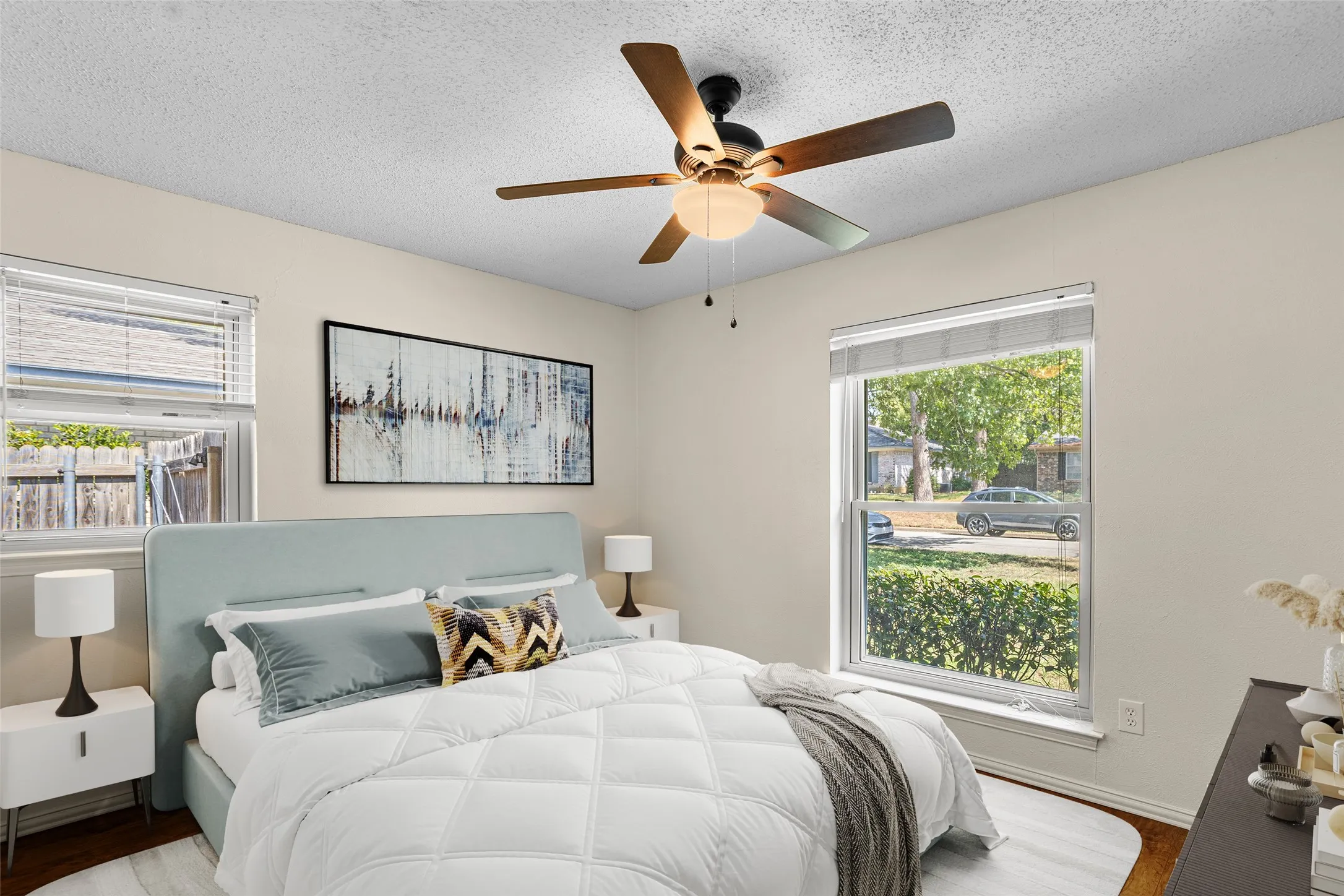 Virtually Staged Bedroom with Recessed lighting and ceiling fan with integrated light fixture