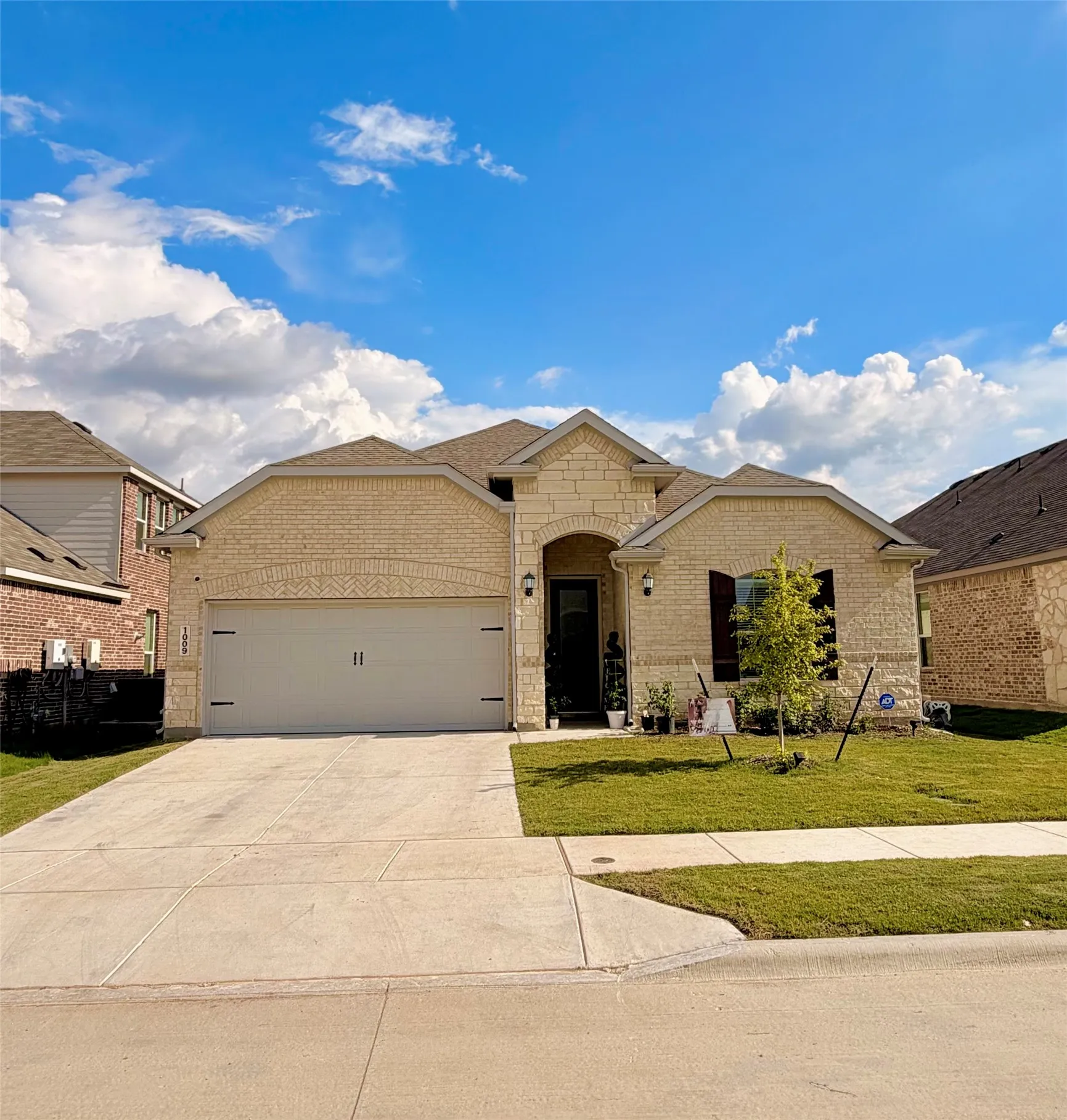 Light brick and stone facade with arched entry, two-car garage, and mature landscaping