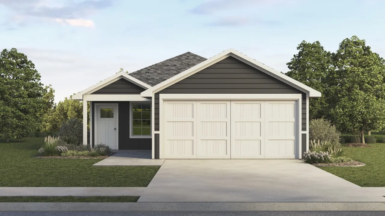 Dark siding exterior with white trim, a two-car garage, and a concrete driveway