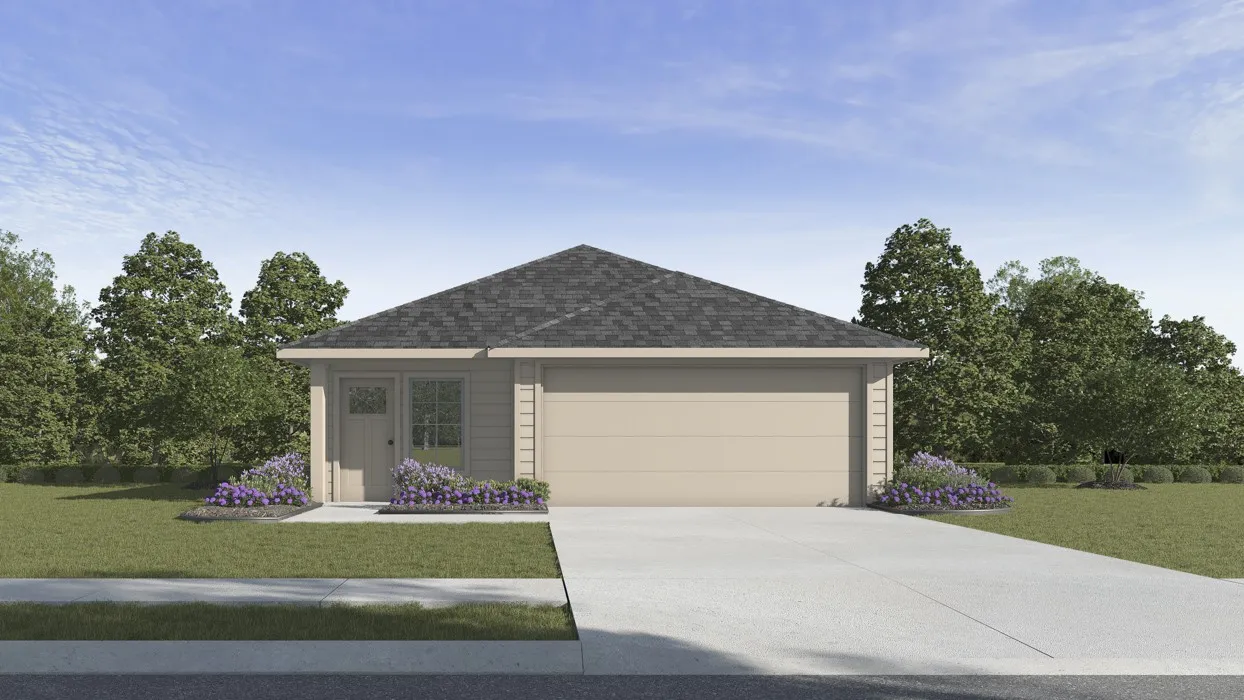 Single-story residence featuring a gabled roof, attached garage, and a concrete driveway