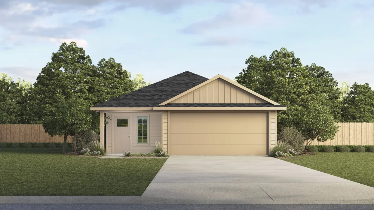 Single-story residence featuring a two-car garage, concrete driveway, and a gabled roof