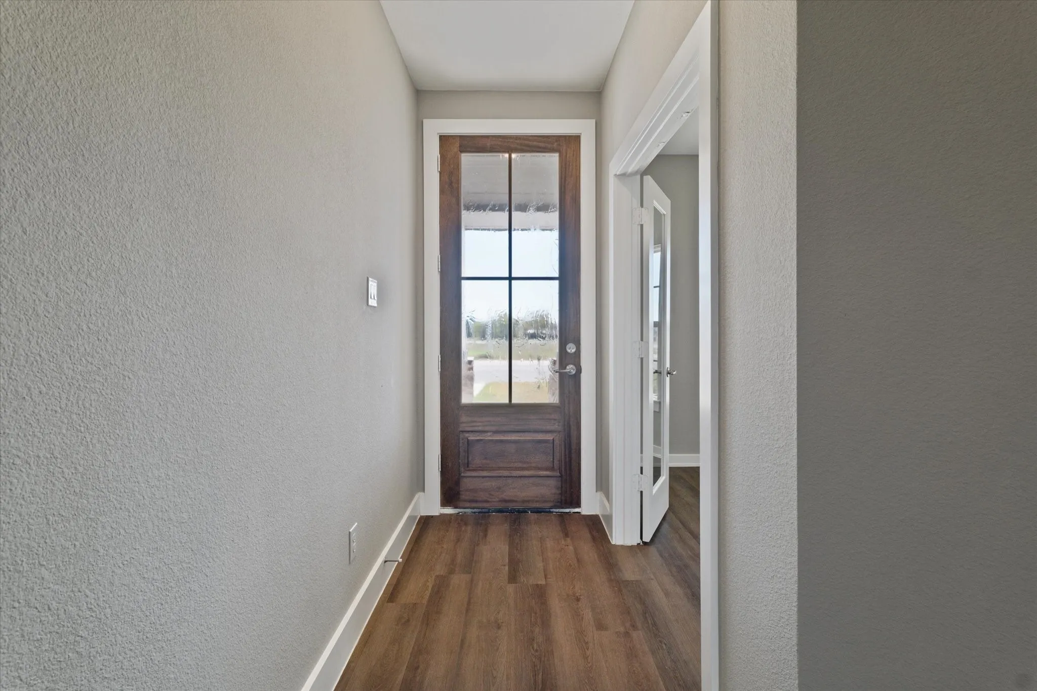 Wood-finish flooring, full-light front door with grid, white trim, and light gray wall paint