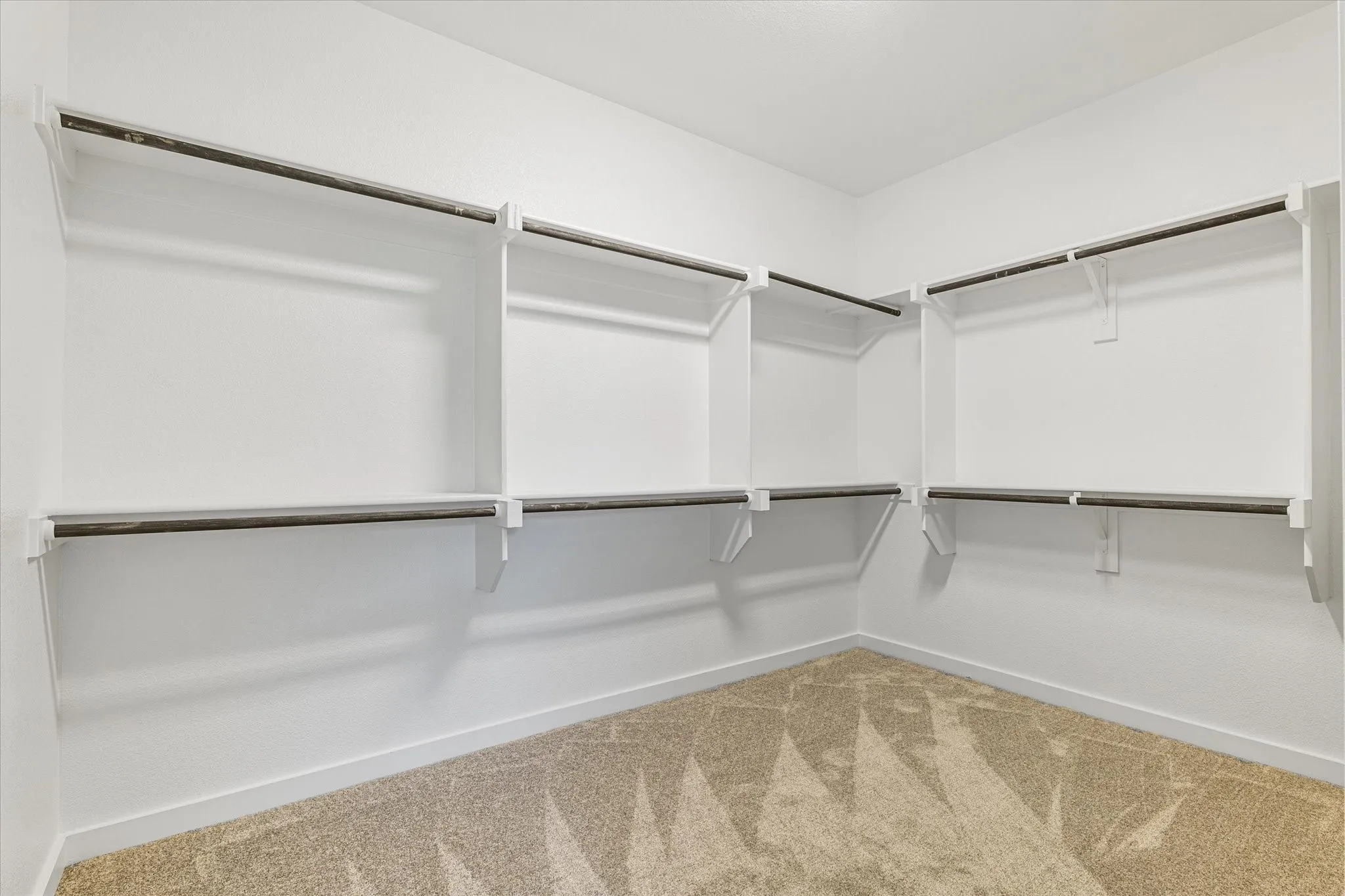 Corner closet with carpet flooring, white walls, and built-in shelving with hanging rods