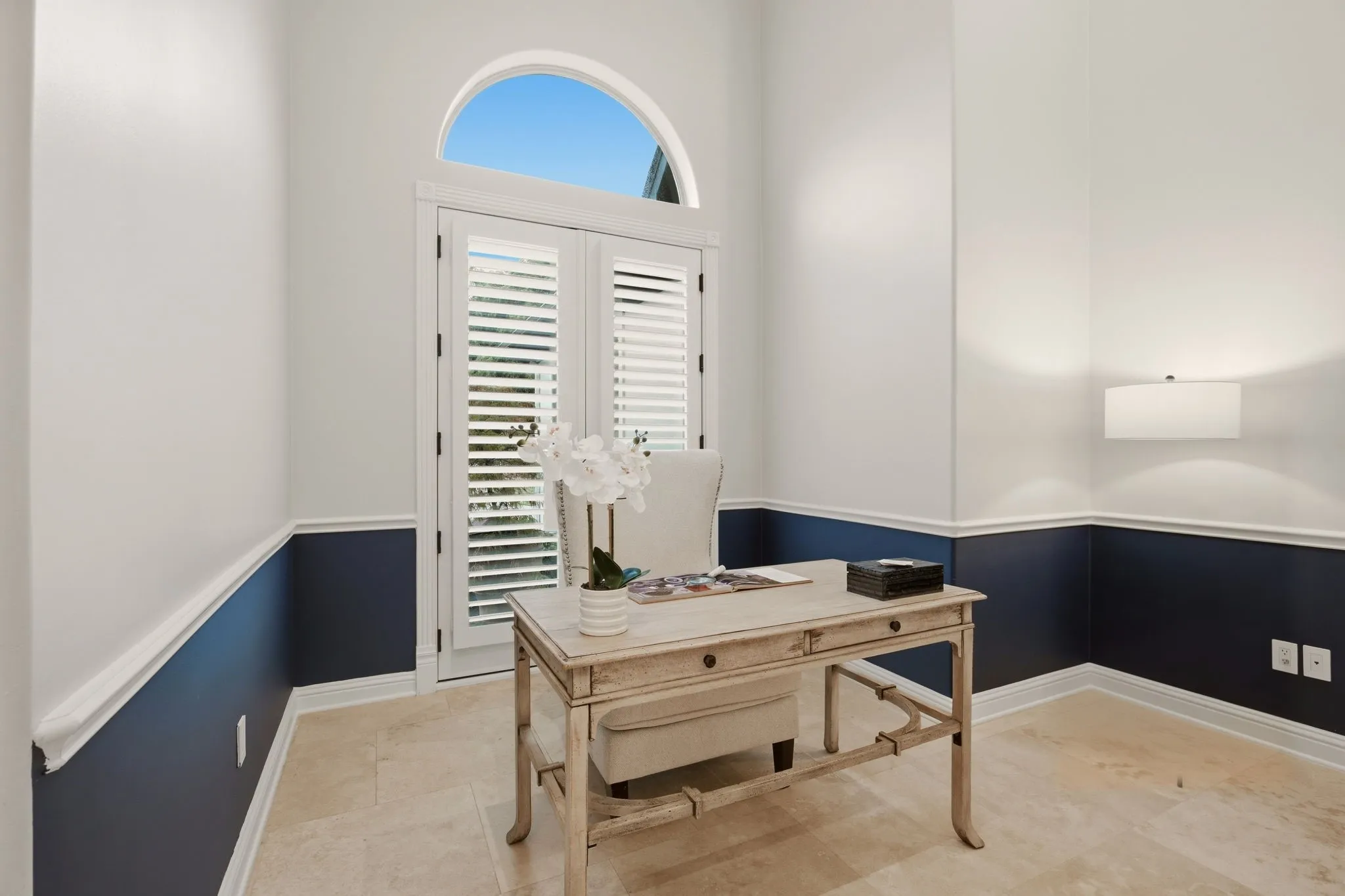 Casual, functional office space ideal for a home workspace or study.