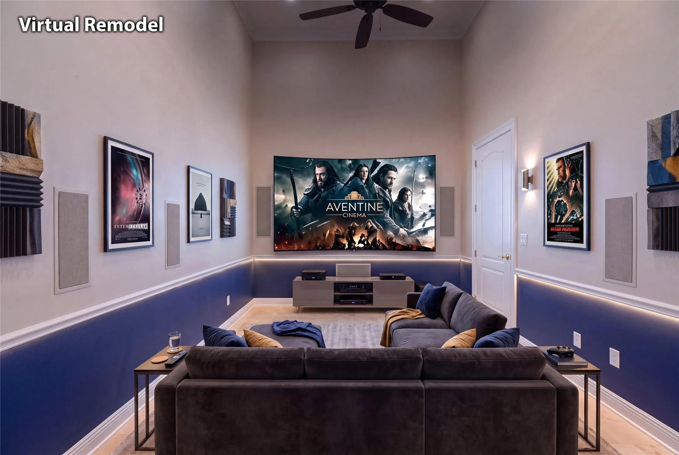 Envision the living space enclosed to create a dedicated media room.