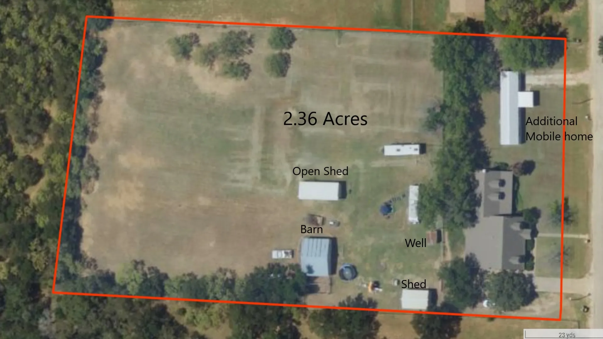 Aerial Property photo. Depicting the property's boundaries, acreage, and structures including a residence, mobile home, barn, and​​‌​​​​‌​​‌‌​‌‌​​​‌‌​‌​‌​‌​​​‌​​ sheds