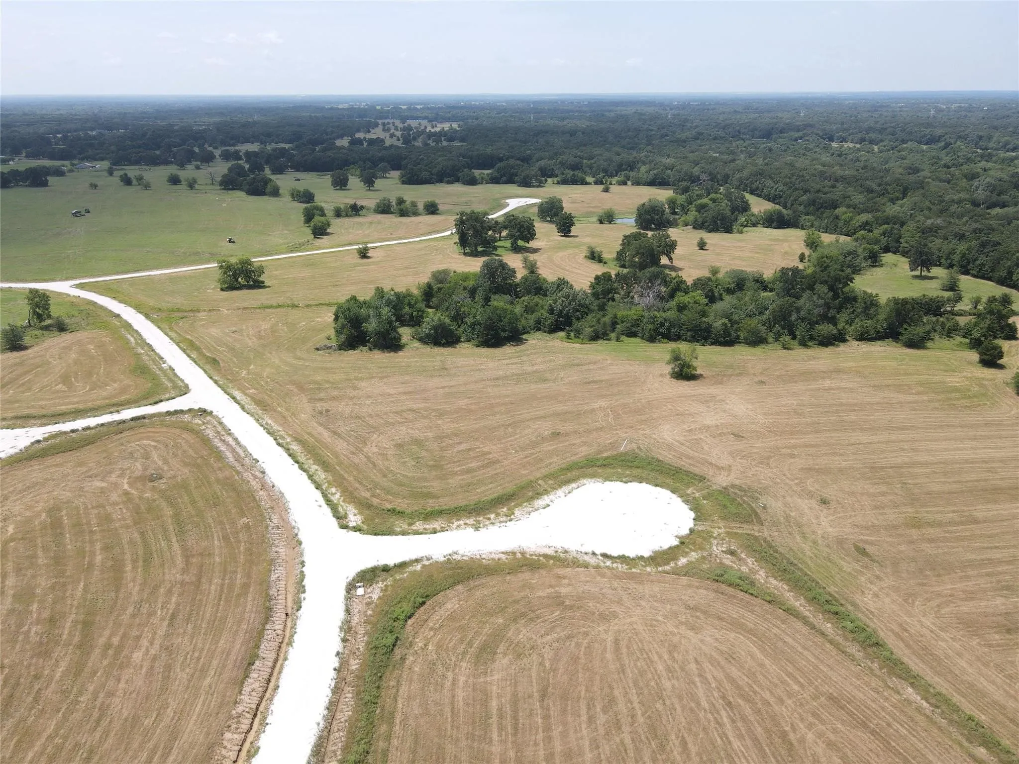 Expansive property featuring undeveloped land, established tree lines, and a visible access road