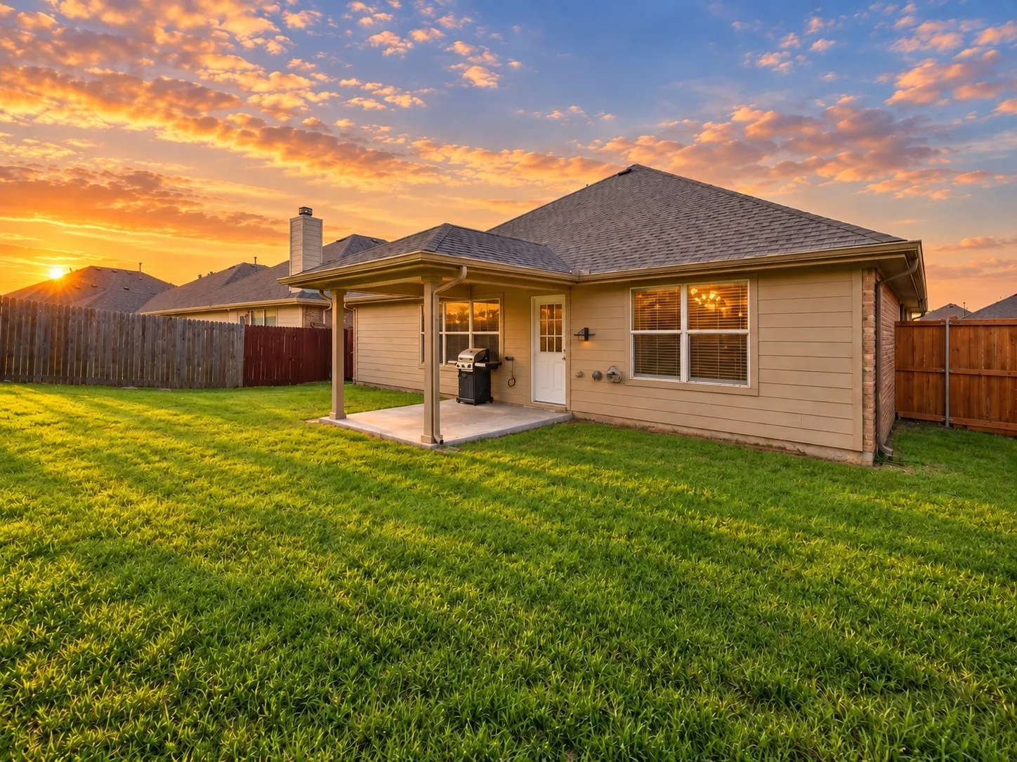 Expansive green lawn with a covered patio, concrete slab, and wood privacy fencing