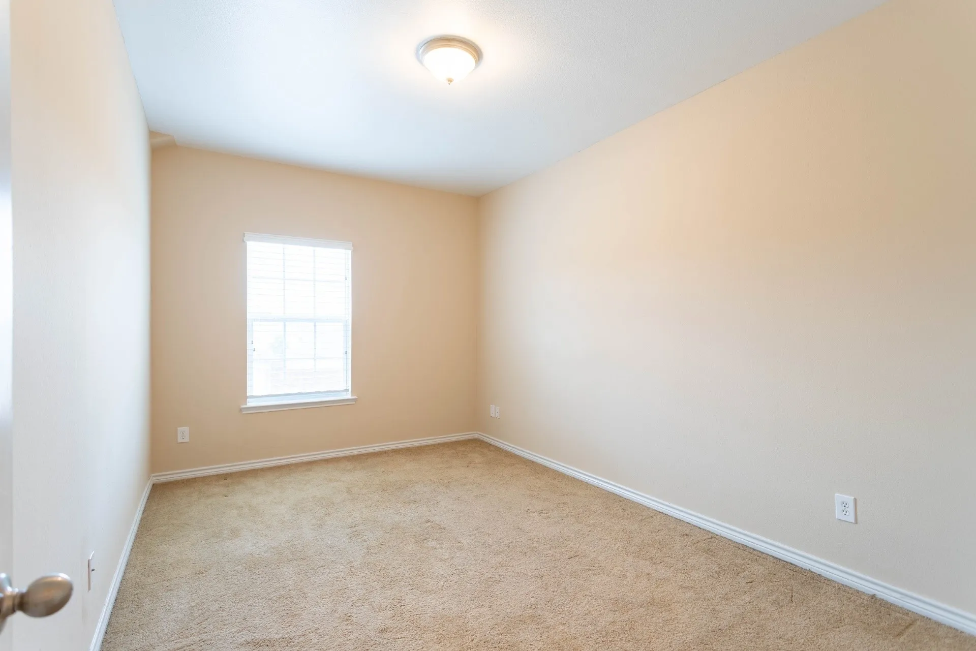 Carpeted room with a single window, overhead lighting, and neutral wall paint