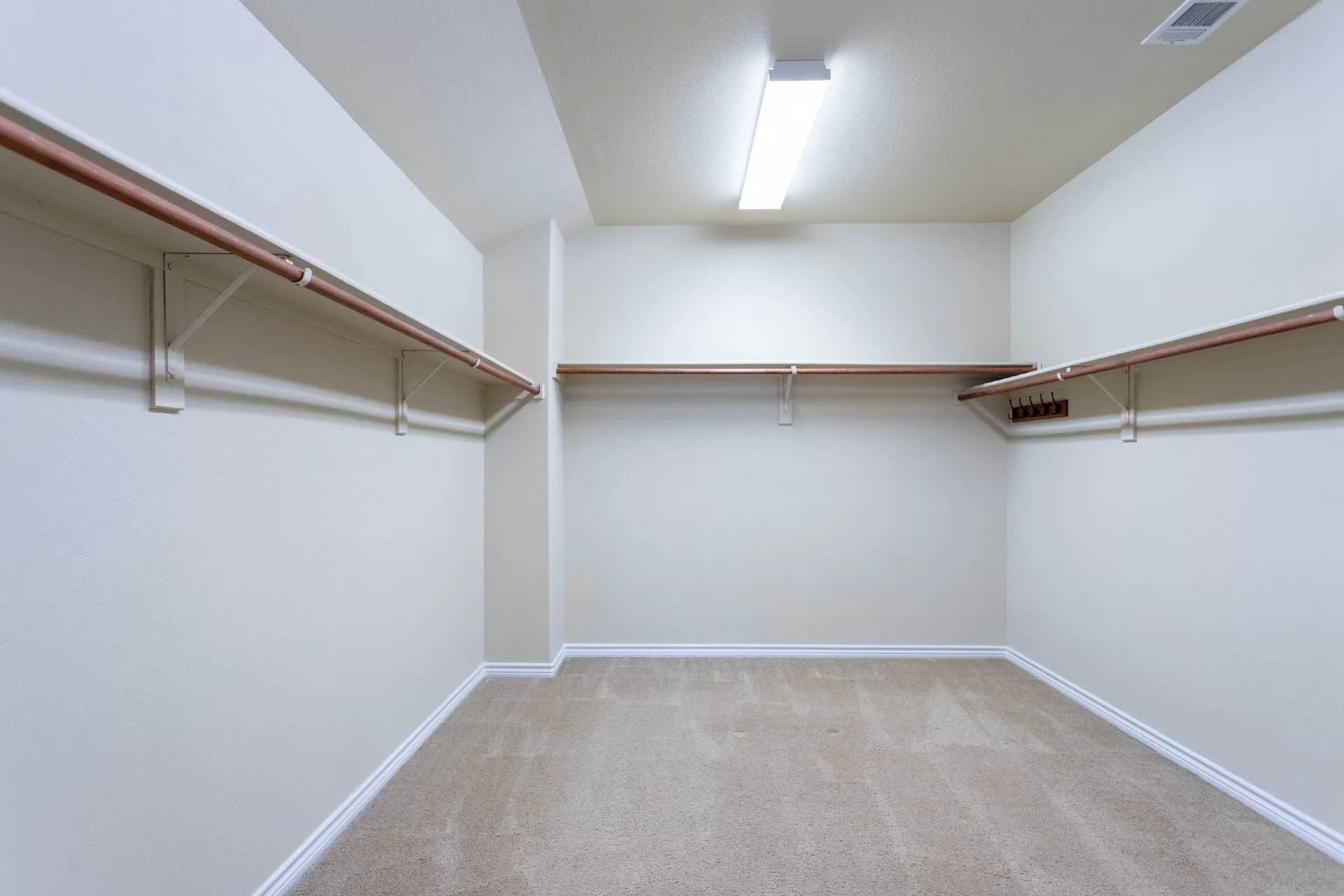 Spacious closet featuring multiple hanging rods, integrated shelving, and wall-to-wall carpeting