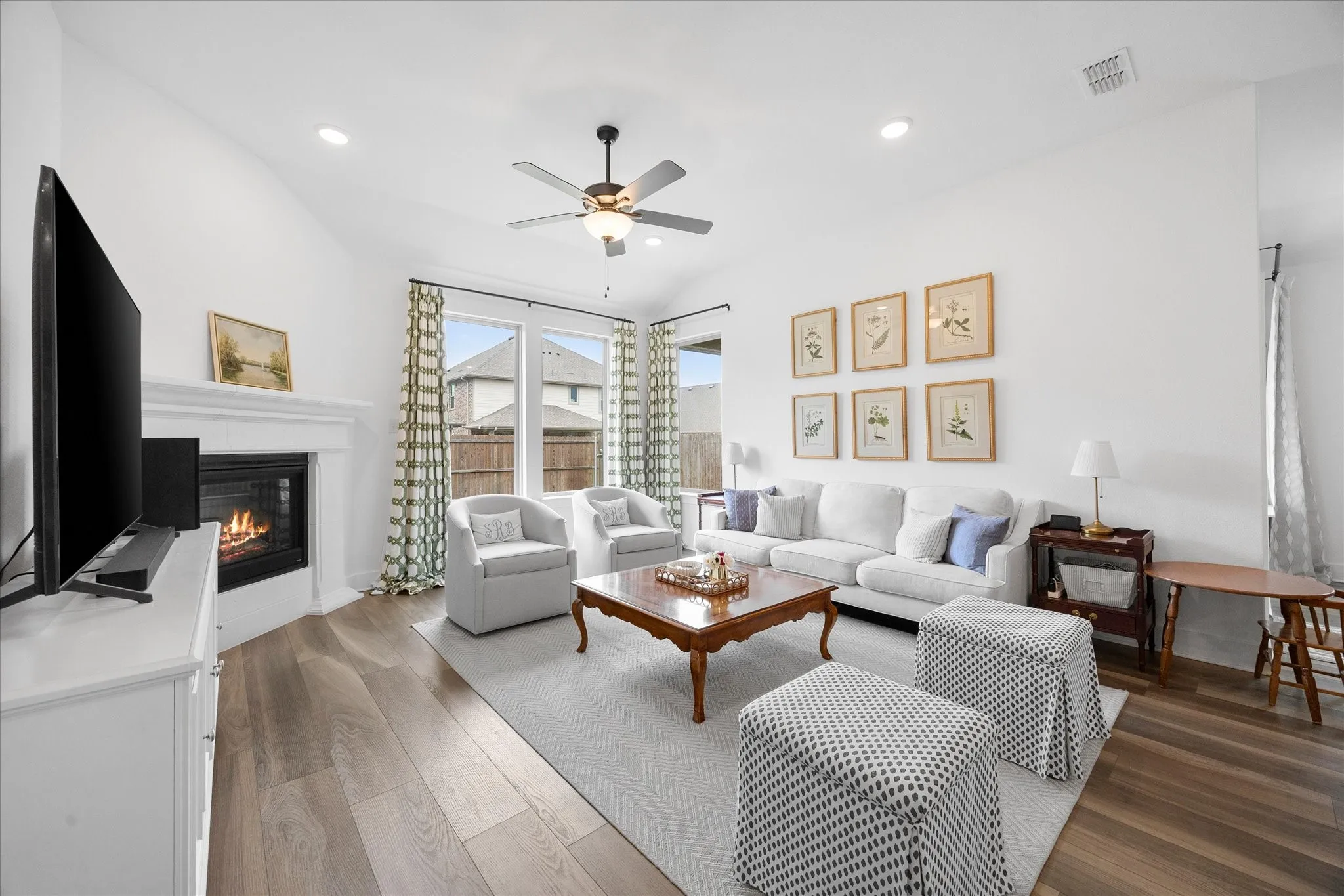 Ceiling fan and fireplace for year round comfort