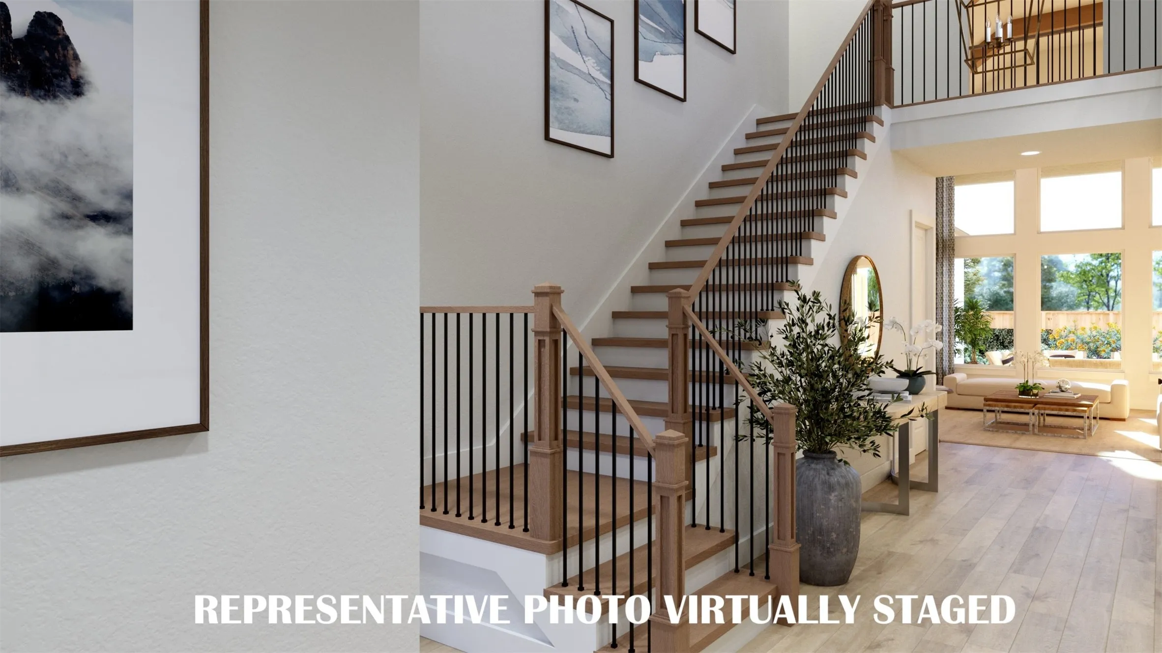 Step into our beautiful Ashland III dream home and be greeted by a gorgeous stair case featuring open railings and sight lines through to the rear of the home.  REPRESENTATIVE PHOTO VIRTUALLY STAGED