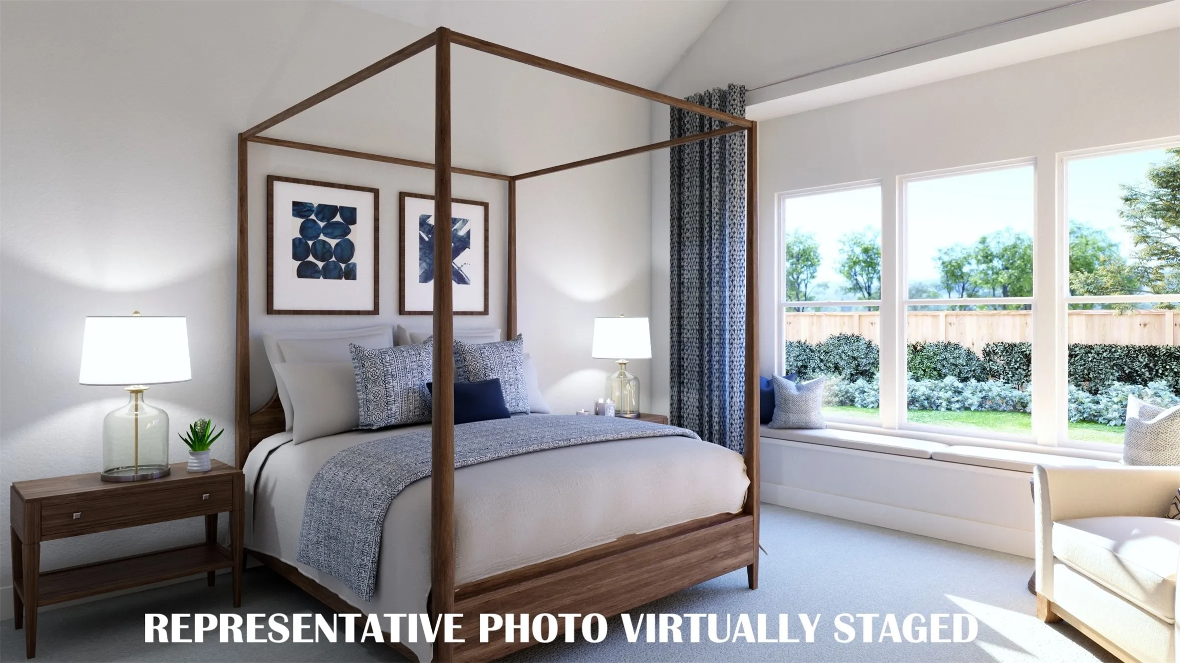 This dreamy owners suite combines high ceilings and oversized windows to create a relaxing and peaceful retreat.  REPRESENTATIVE PHOTO VIRTUALLY STAGED