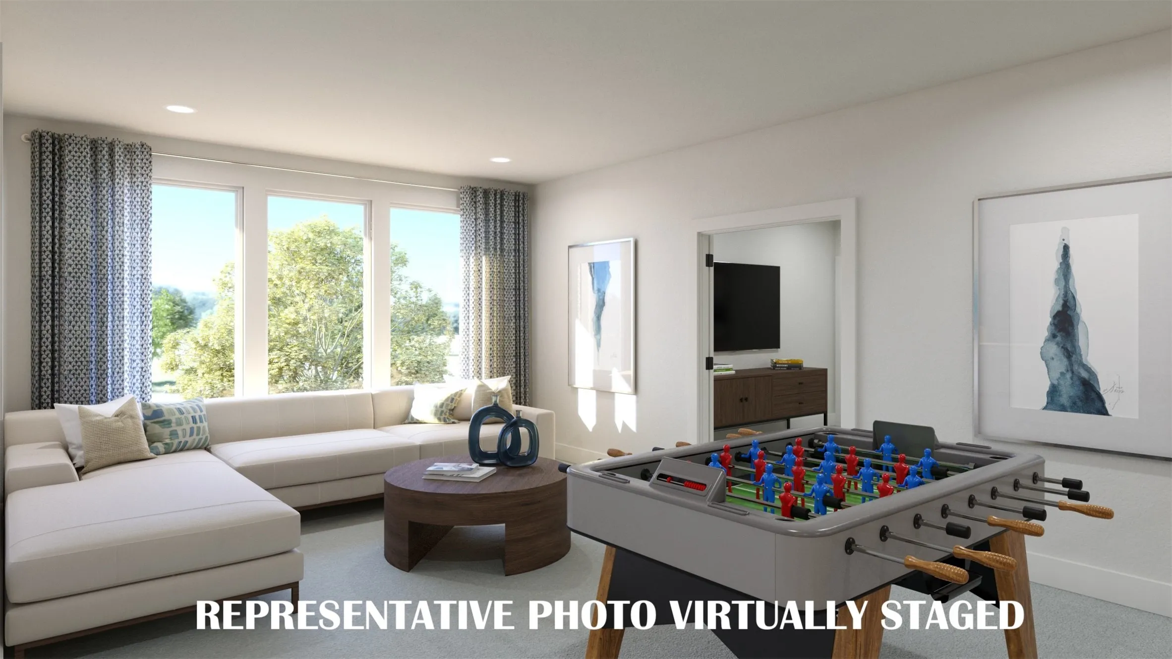 Take the party upstairs to this spacious, light filled game room!  REPRESENTATIVE PHOTO VIRTUALLY STAGED