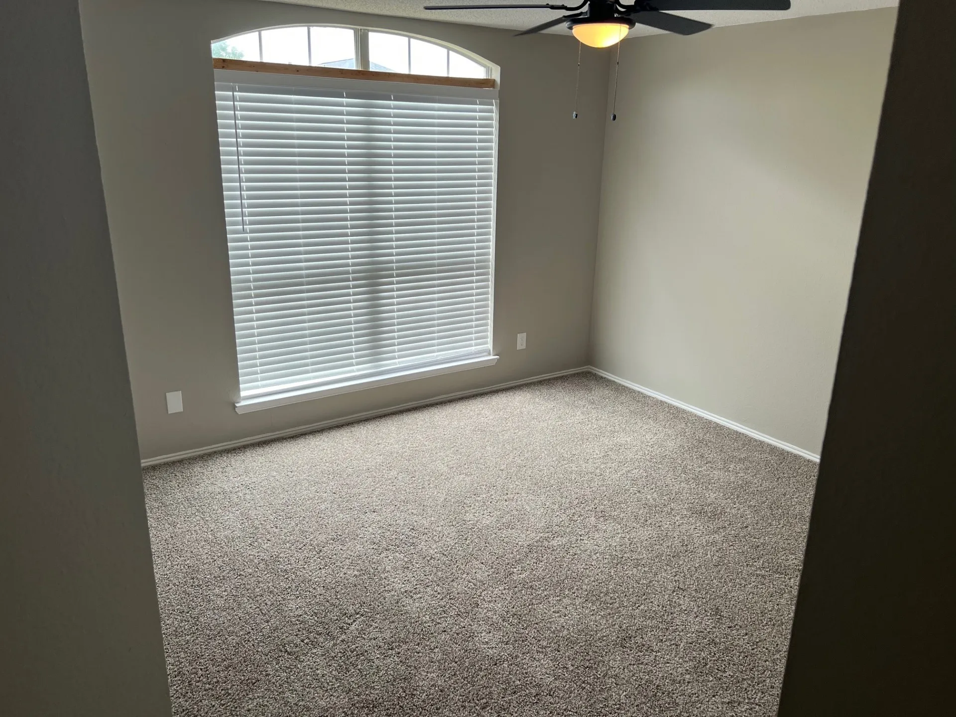 Arched window with blinds, overhead ceiling fan with lighting, neutral wall paint, and textured carpeting