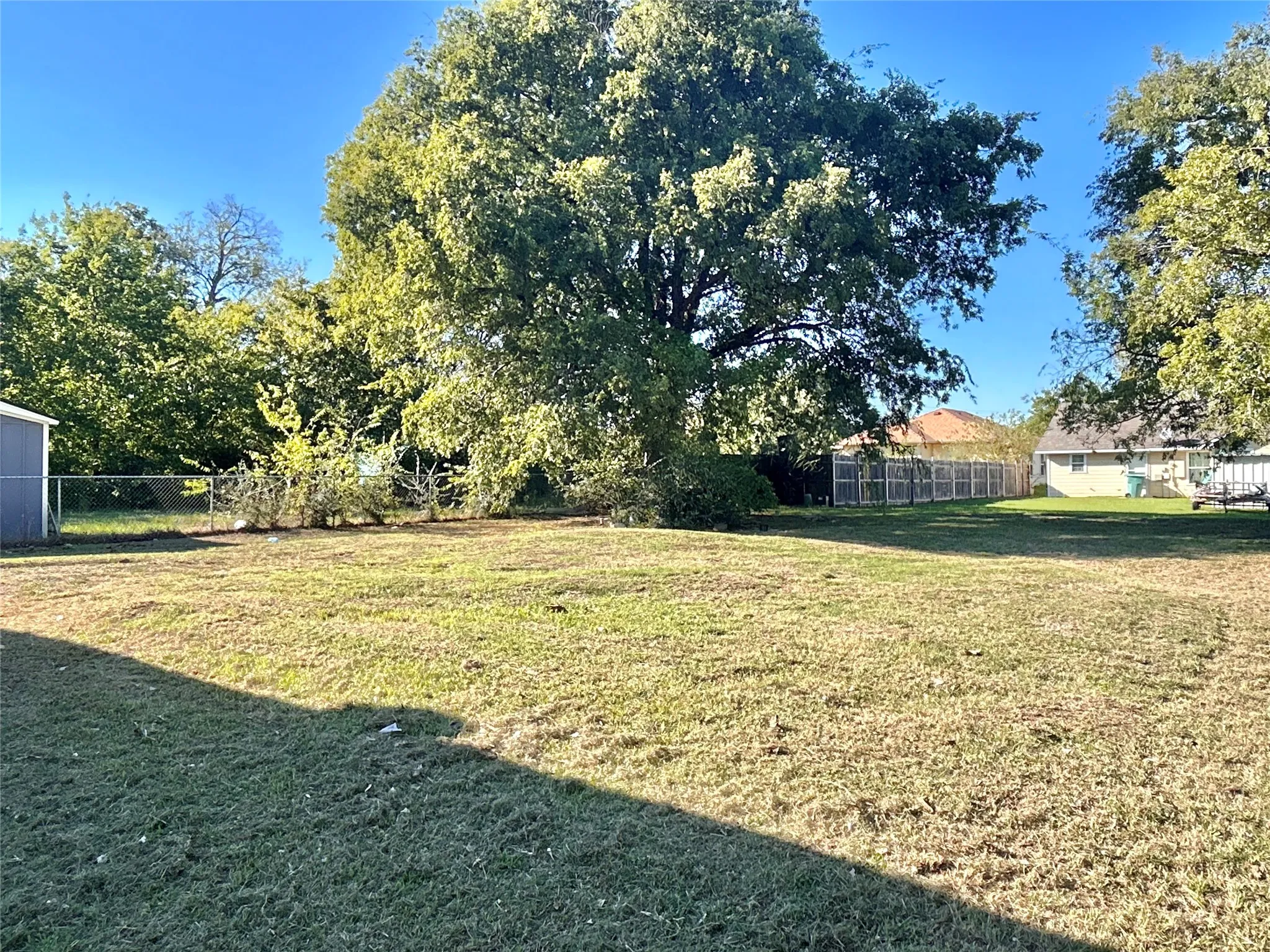 Expansive open yard with mature trees