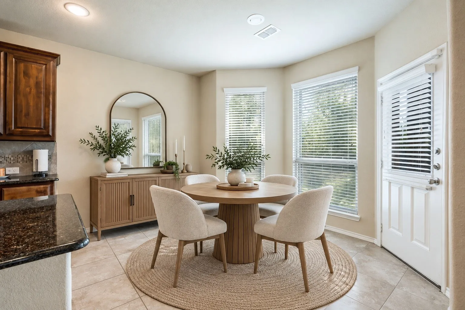 Virtually staged dining room with a clean, elegant design that highlights the space’s inviting atmosphere and natural flow.