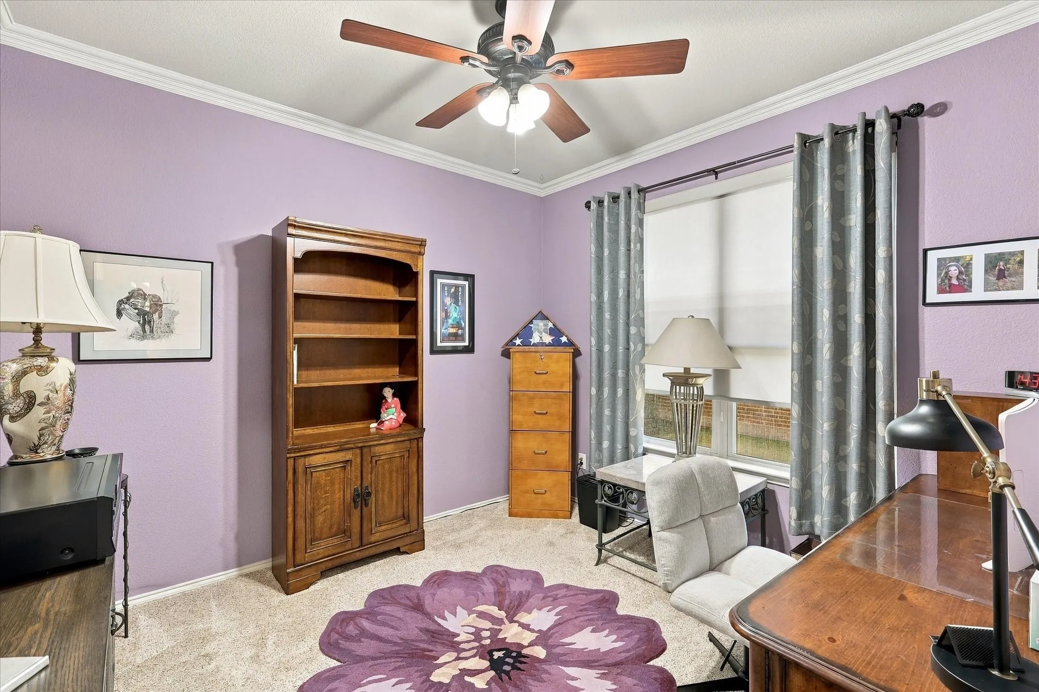 Recessed window with roller shade and decorative curtain rods