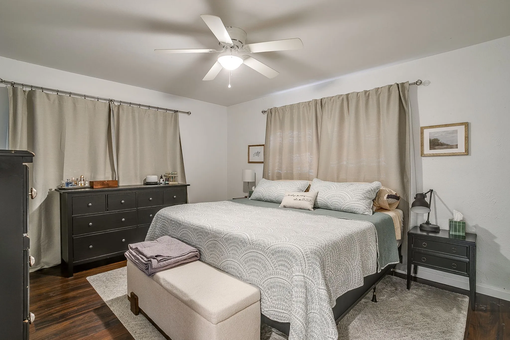 Recessed lighting, ceiling fan, wood-finish flooring, white walls, and window treatments