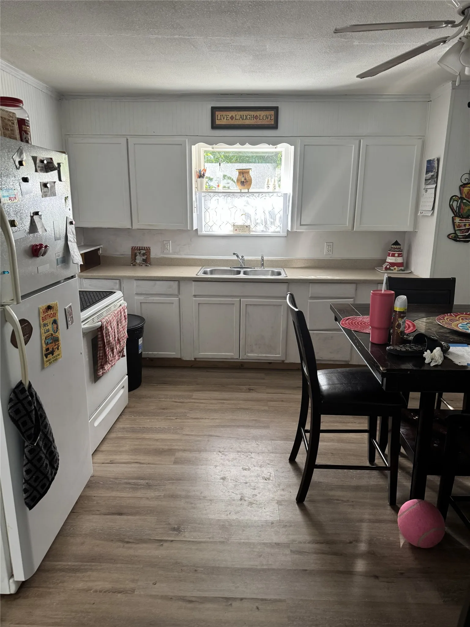 Kitchen featuring white cabinetry, a double basin sink, wood-finish flooring, and a ceiling fan