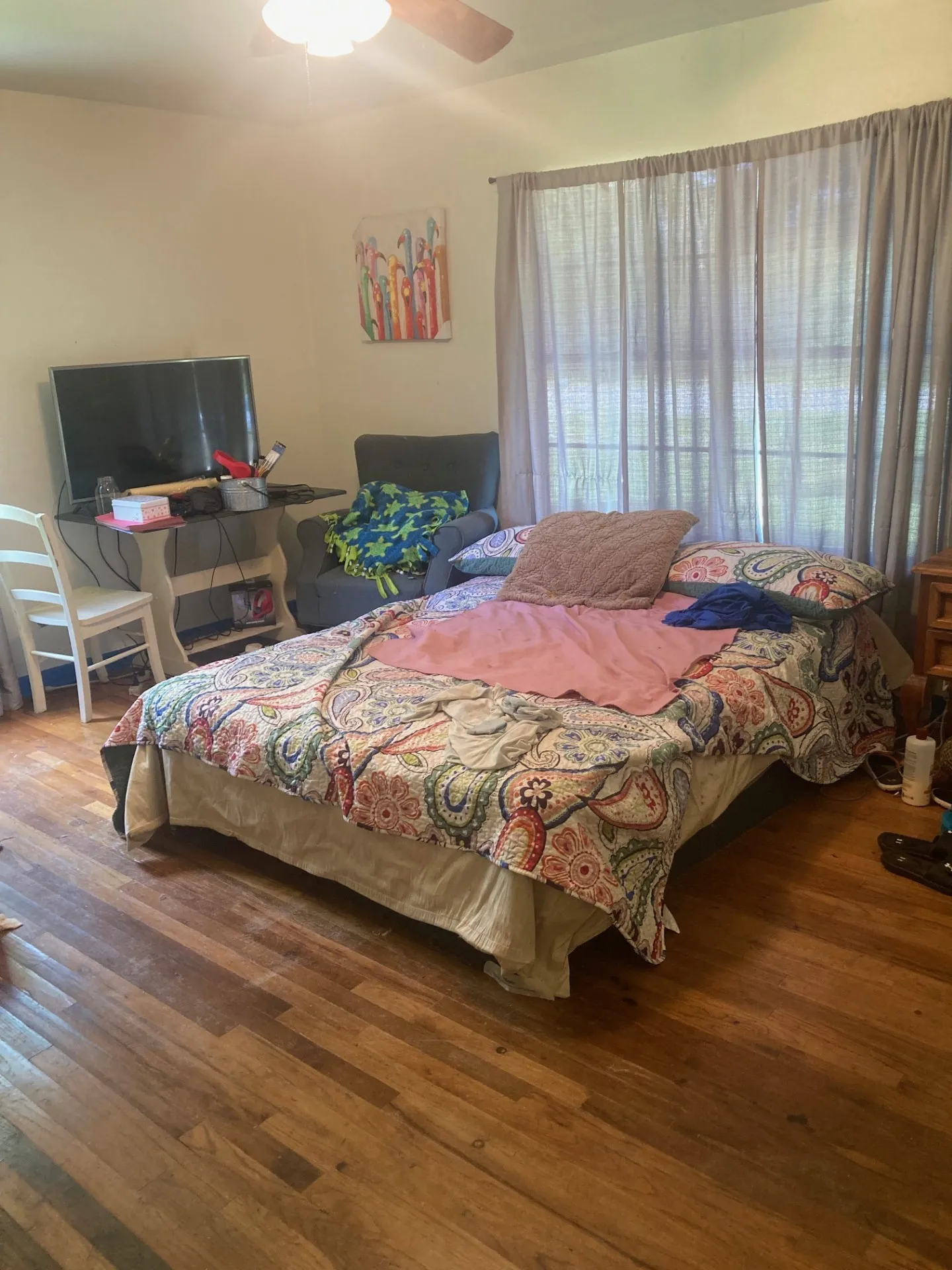 Wood-finish flooring with a ceiling fan light fixture