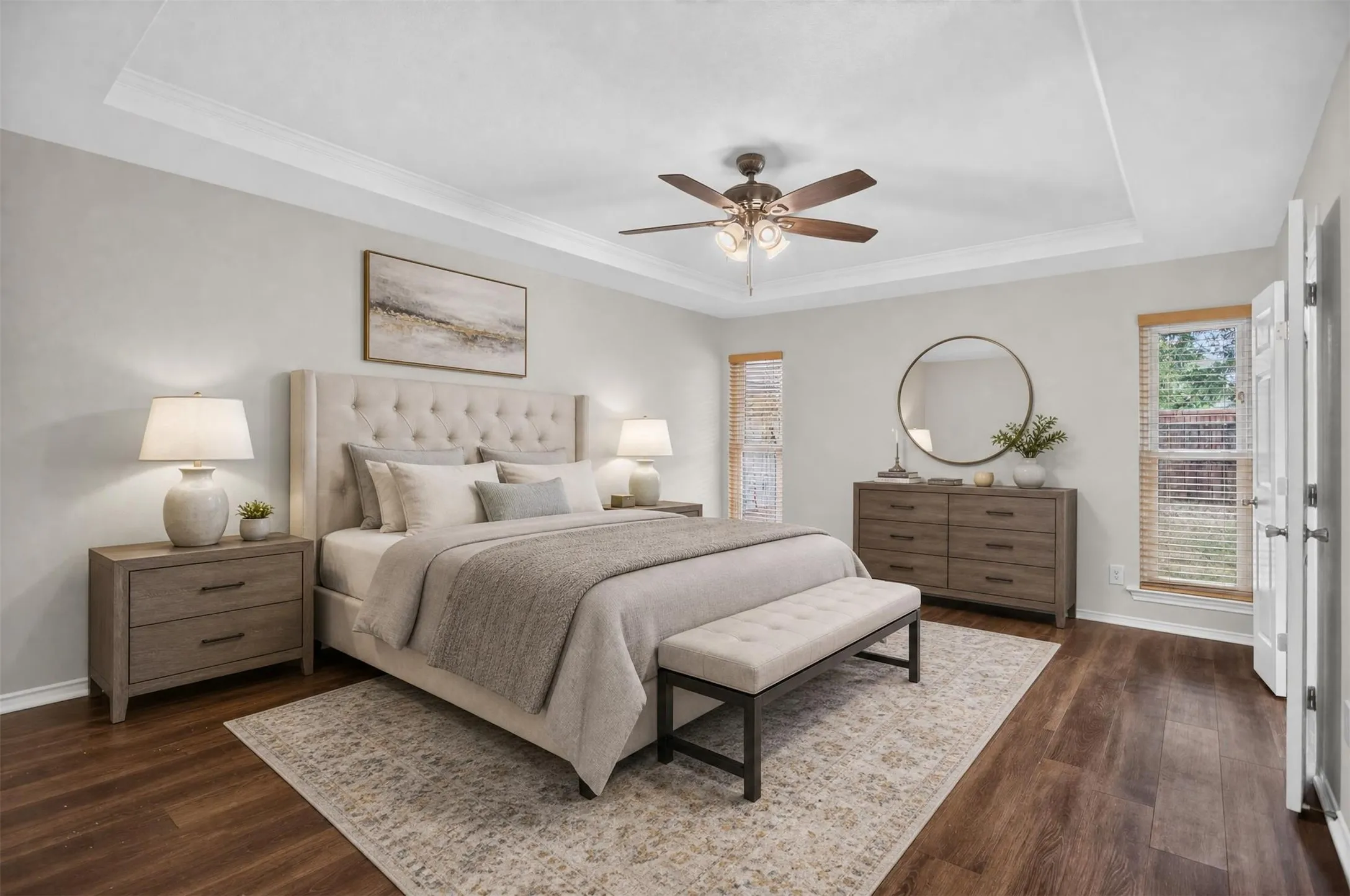 Primary bedroom staged