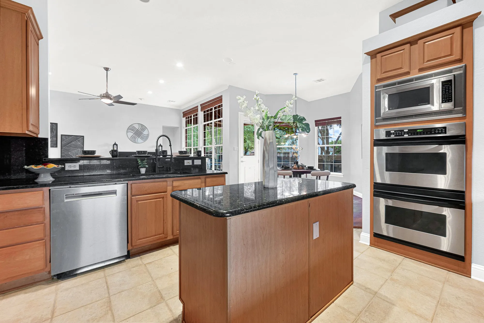 Stainless steel appliances, including double oven and built-in microwave
