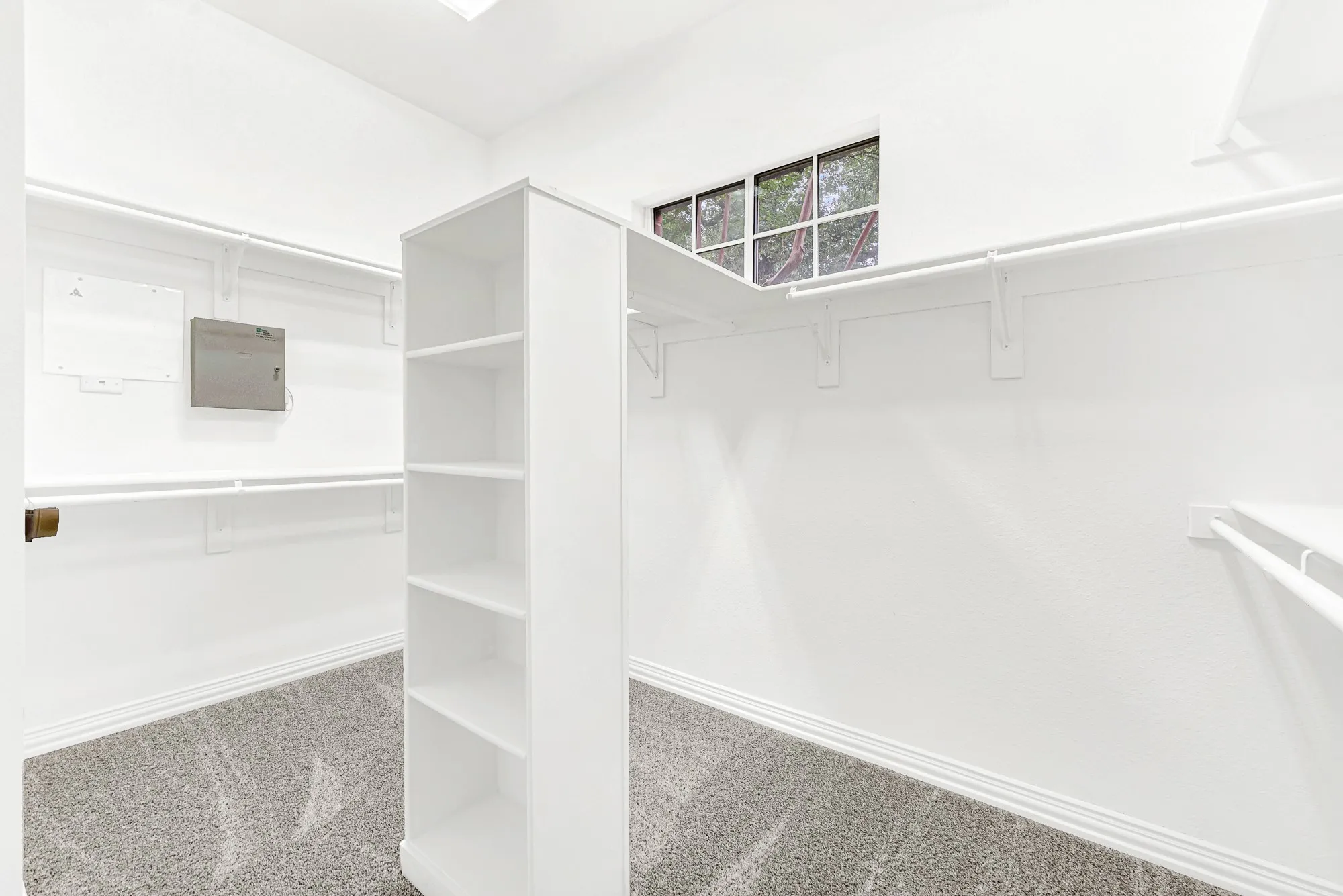 Primary closet with extra shelving and storage