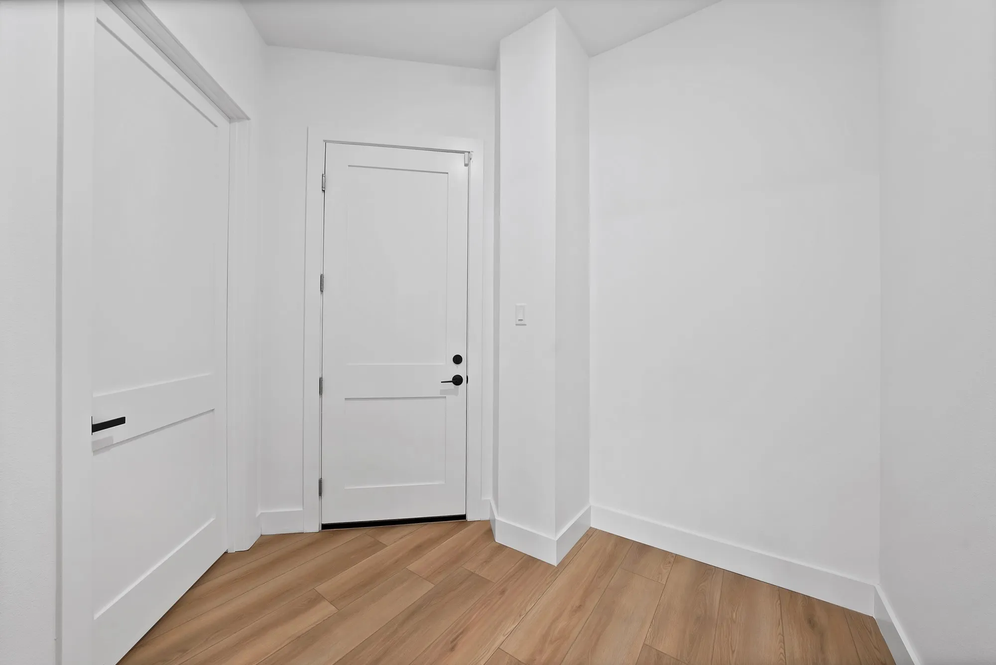 Light wood-finish flooring, white paneled doors, and white walls