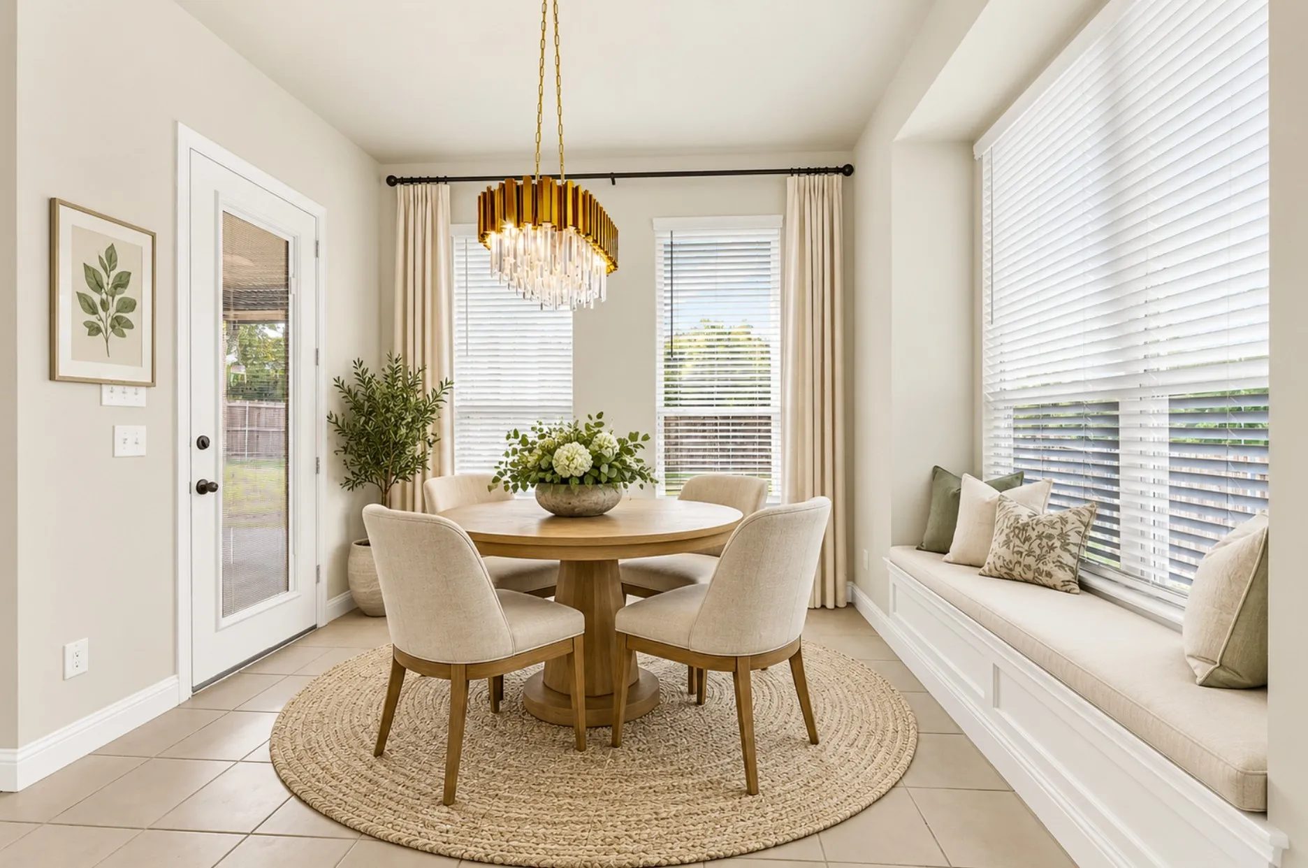 Virtually Staged*  A deep bay window ledge creates an inviting alcove framed by a dramatic crystal and brass light fixture. Picture curling up on a custom cushion with a favorite book as warm daylight filters through the blinds.