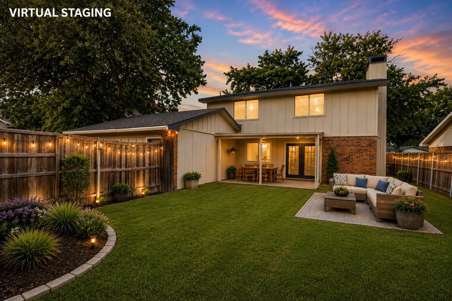 Expansive backyard with a manicured lawn, paved patio, and covered dining area
