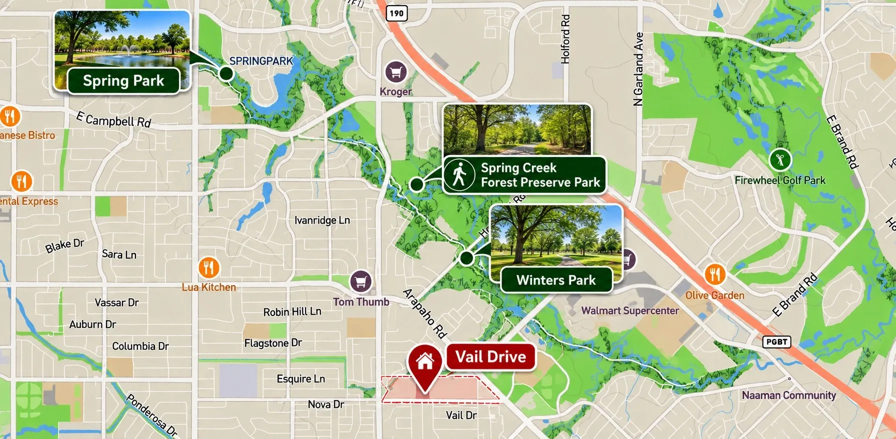 Location Map. Illustrating the spatial relationship of the property on Vail Drive to surrounding parks and roads